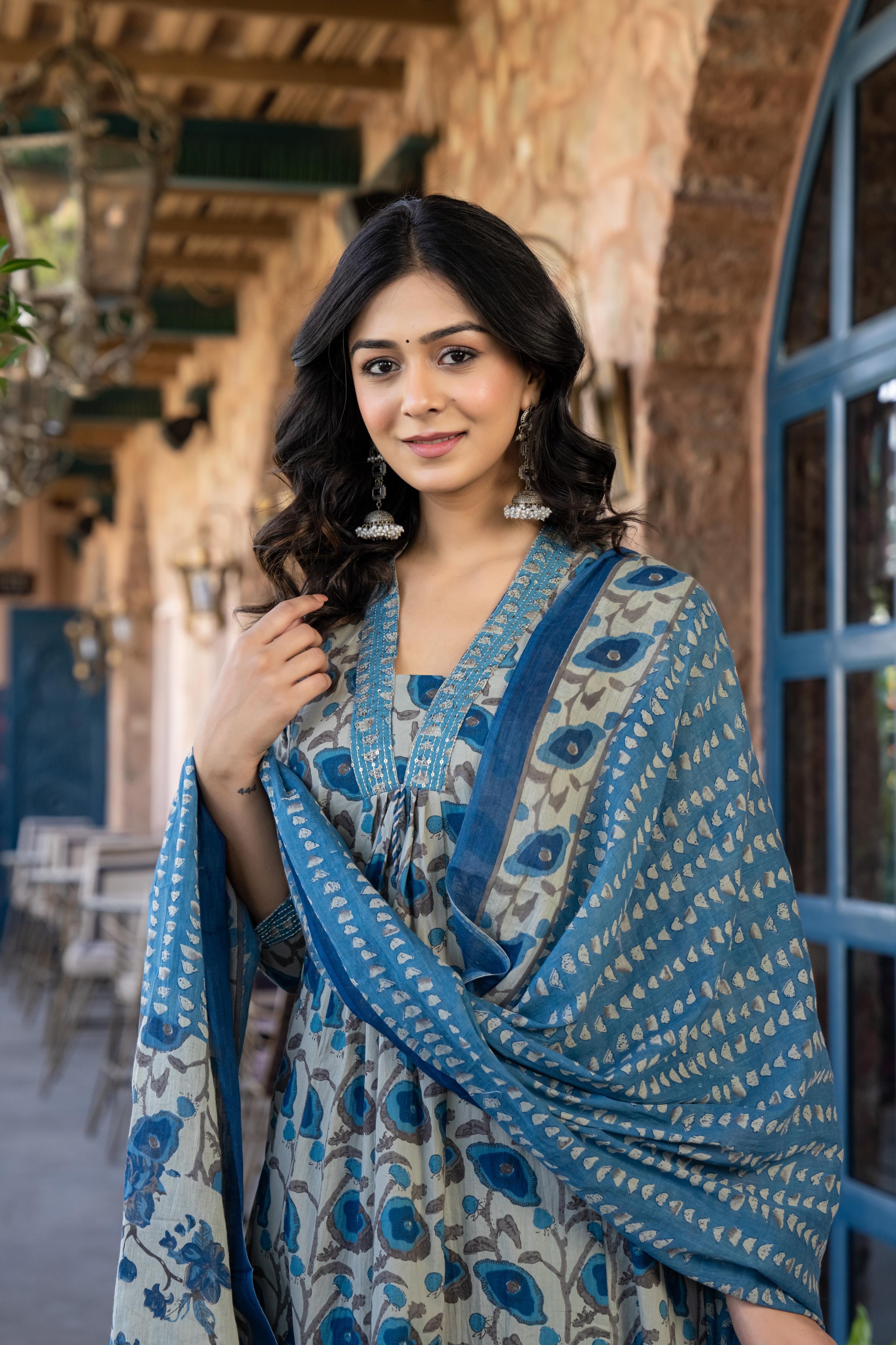 Tavira Women's Floral Cotton Kurta Set with Dupatta | Blue Bloom Print | Thread Work Neckline