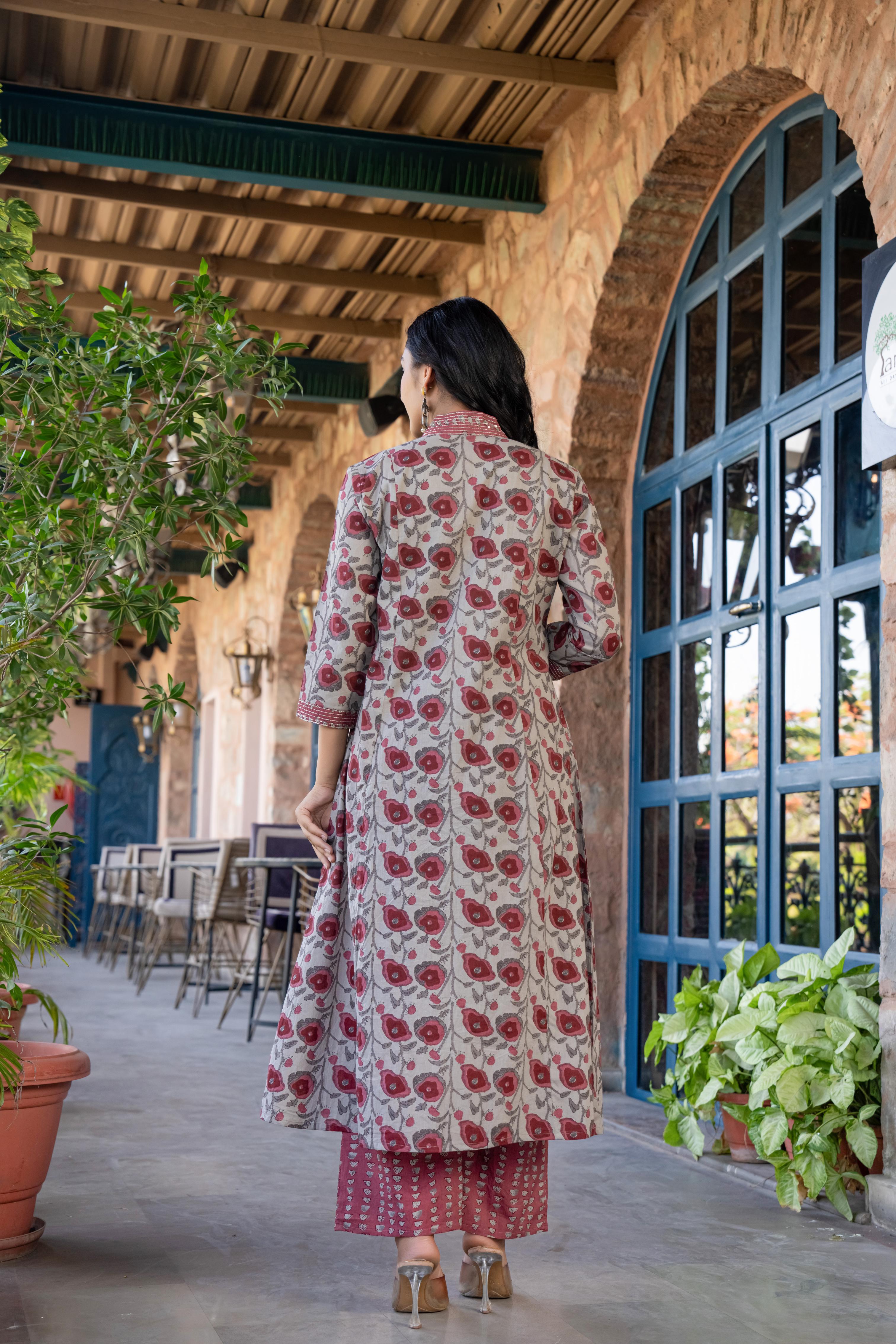 Tavira Women's Floral Cotton Kurta Set with Dupatta | Red Bloom Print | Thread Work Neckline