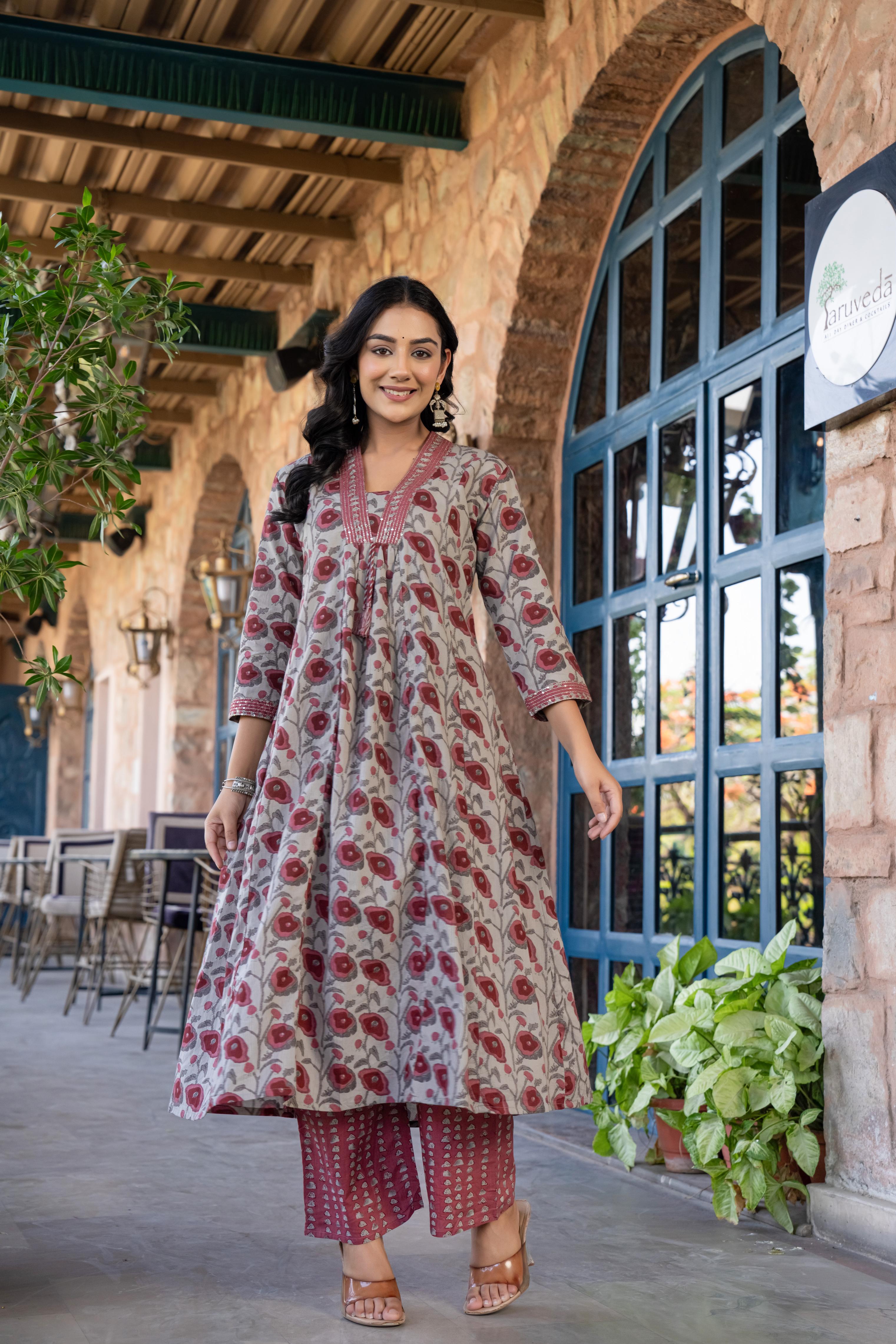 Tavira Women's Floral Cotton Kurta Set with Dupatta | Red Bloom Print | Thread Work Neckline