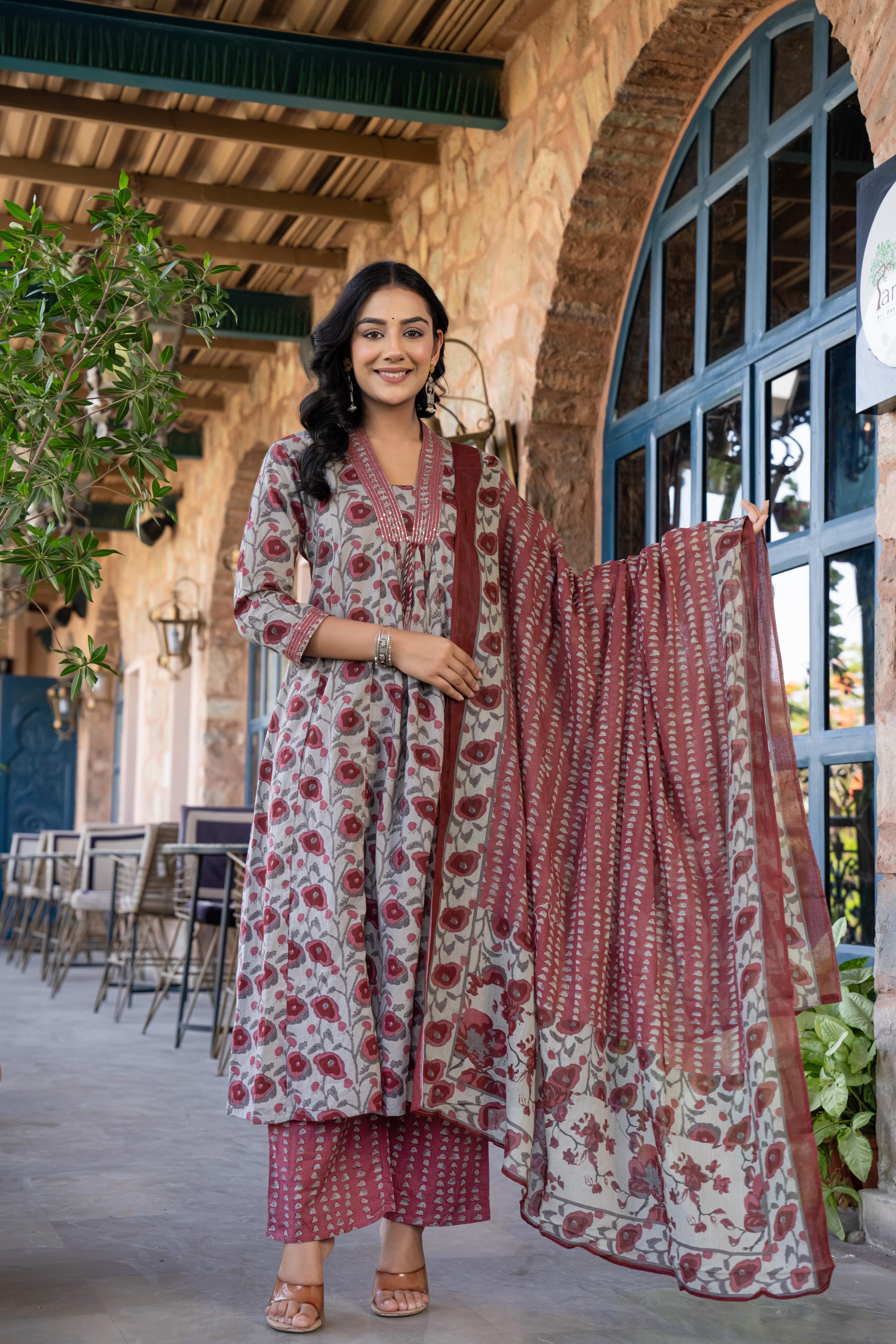Tavira Women's Floral Cotton Kurta Set with Dupatta | Red Bloom Print | Thread Work Neckline
