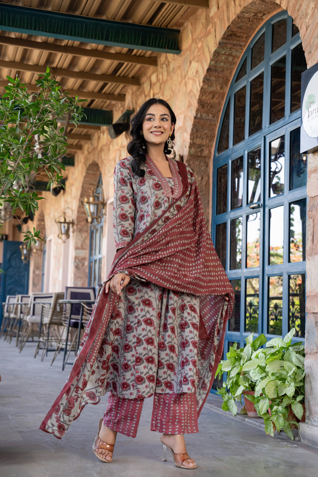 Tavira Women's Floral Cotton Kurta Set with Dupatta | Red Bloom Print | Thread Work Neckline