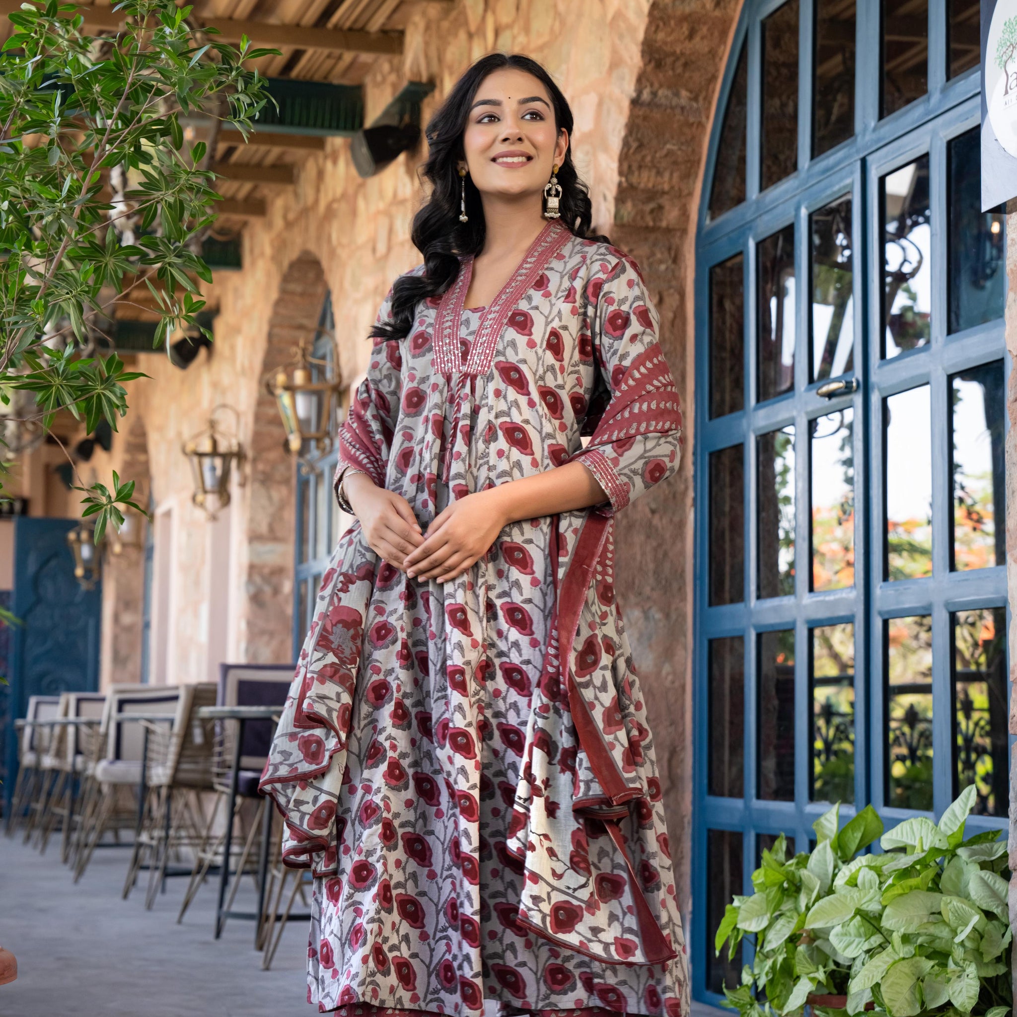 Tavira Women's Floral Cotton Kurta Set with Dupatta | Red Bloom Print | Thread Work Neckline
