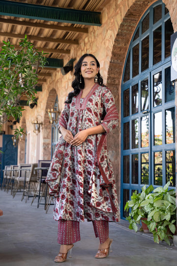Tavira Women's Floral Cotton Kurta Set with Dupatta | Red Bloom Print | Thread Work Neckline