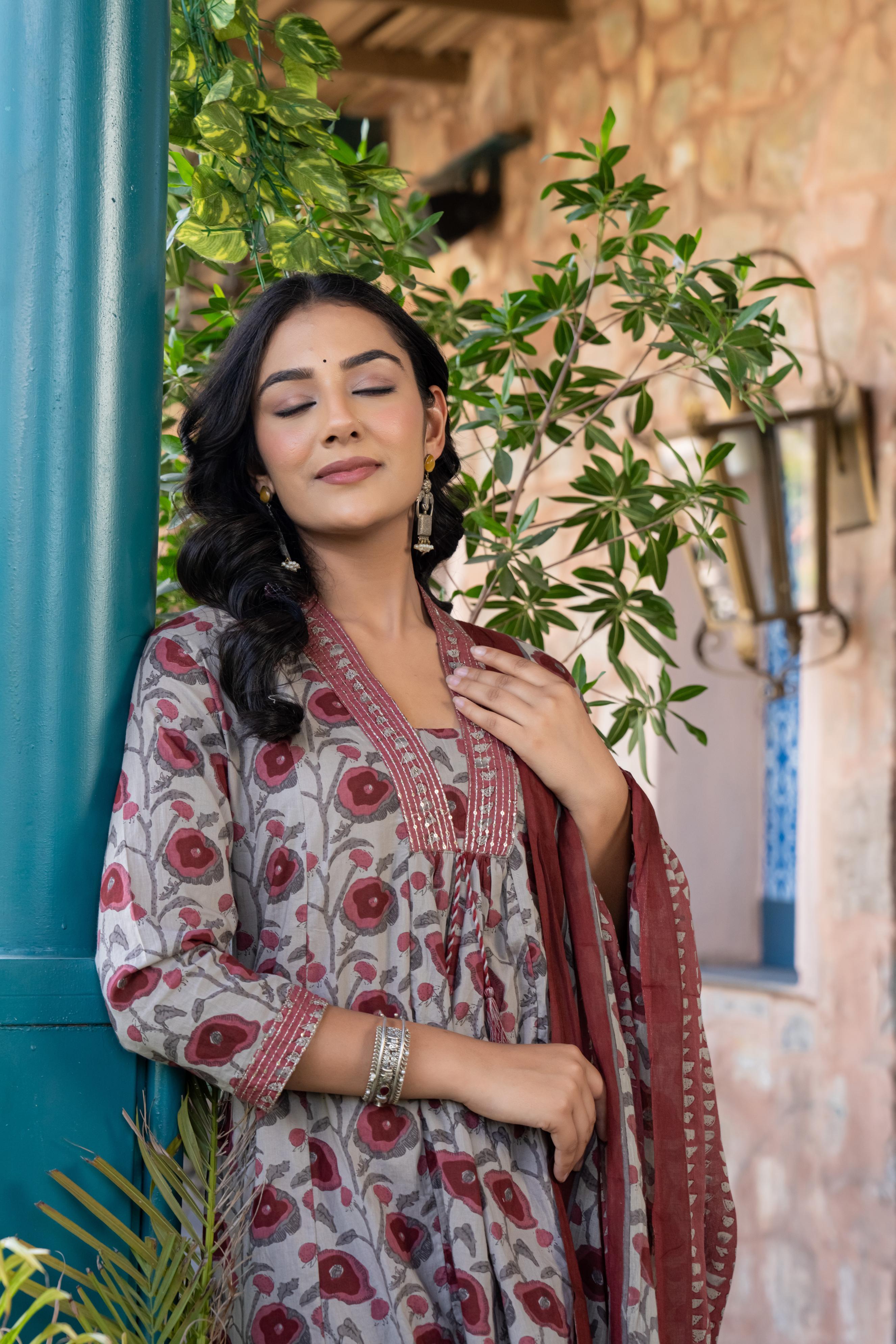 Tavira Women's Floral Cotton Kurta Set with Dupatta | Red Bloom Print | Thread Work Neckline