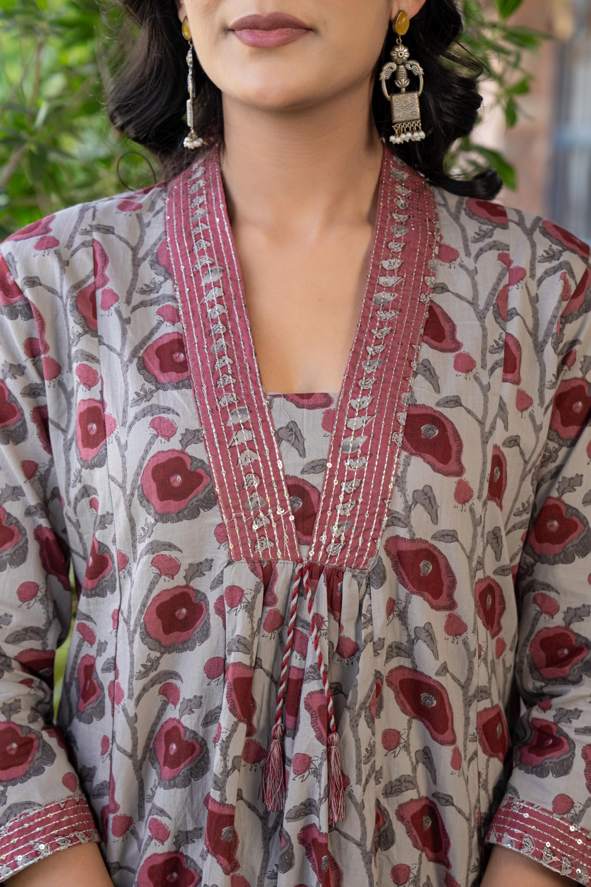 Tavira Women's Floral Cotton Kurta Set with Dupatta | Red Bloom Print | Thread Work Neckline