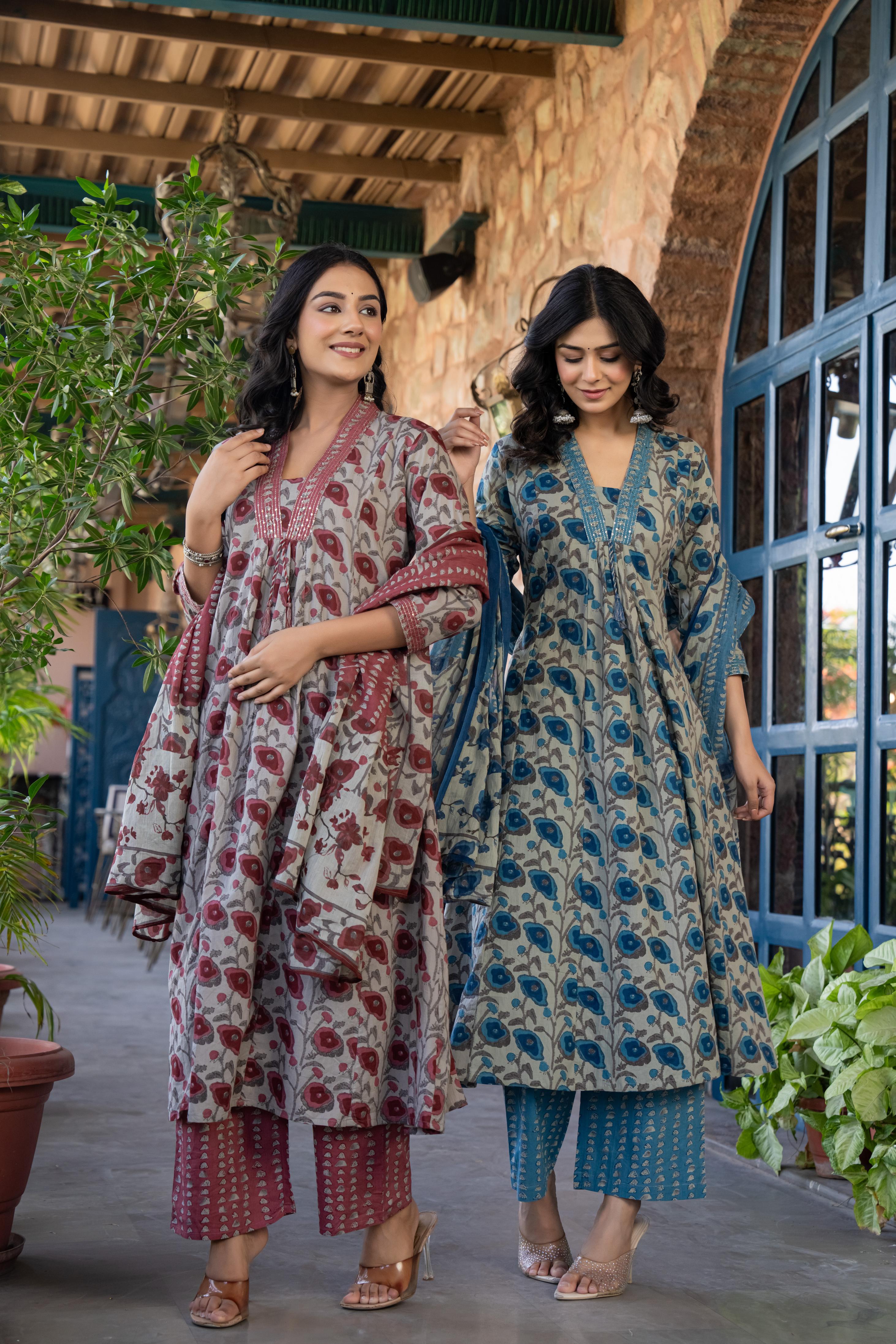 Tavira Women's Floral Cotton Kurta Set with Dupatta | Red Bloom Print | Thread Work Neckline