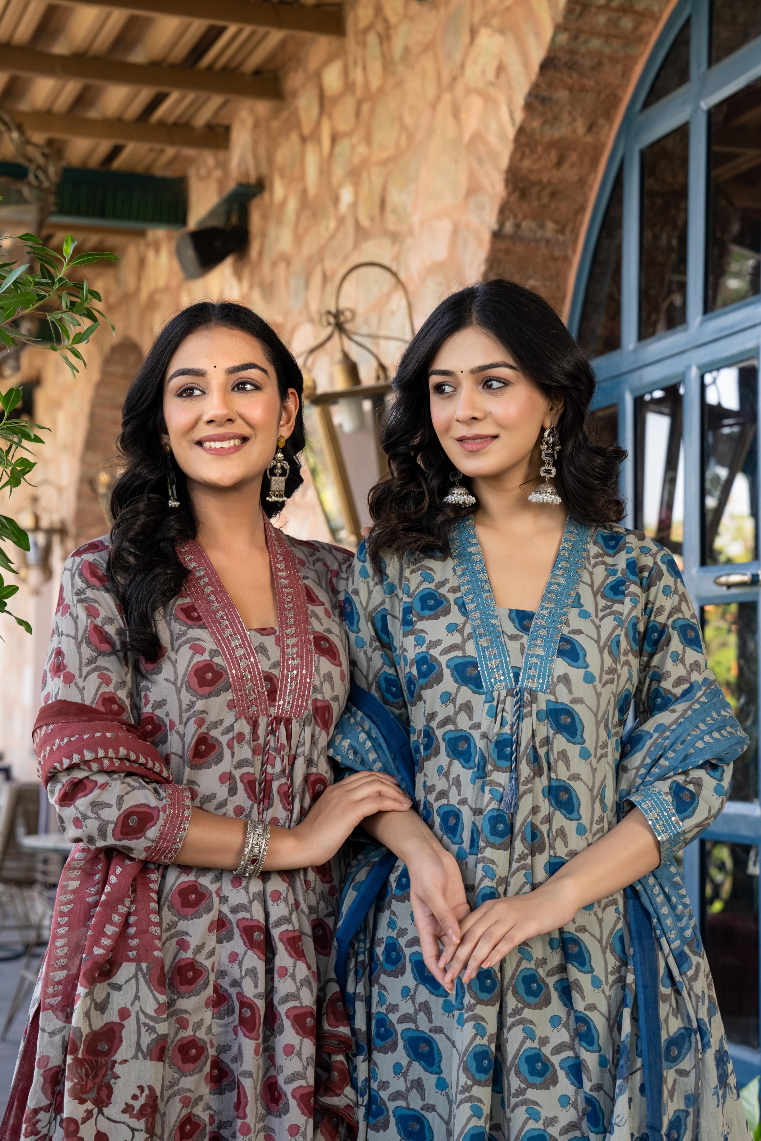 Tavira Women's Floral Cotton Kurta Set with Dupatta | Red Bloom Print | Thread Work Neckline