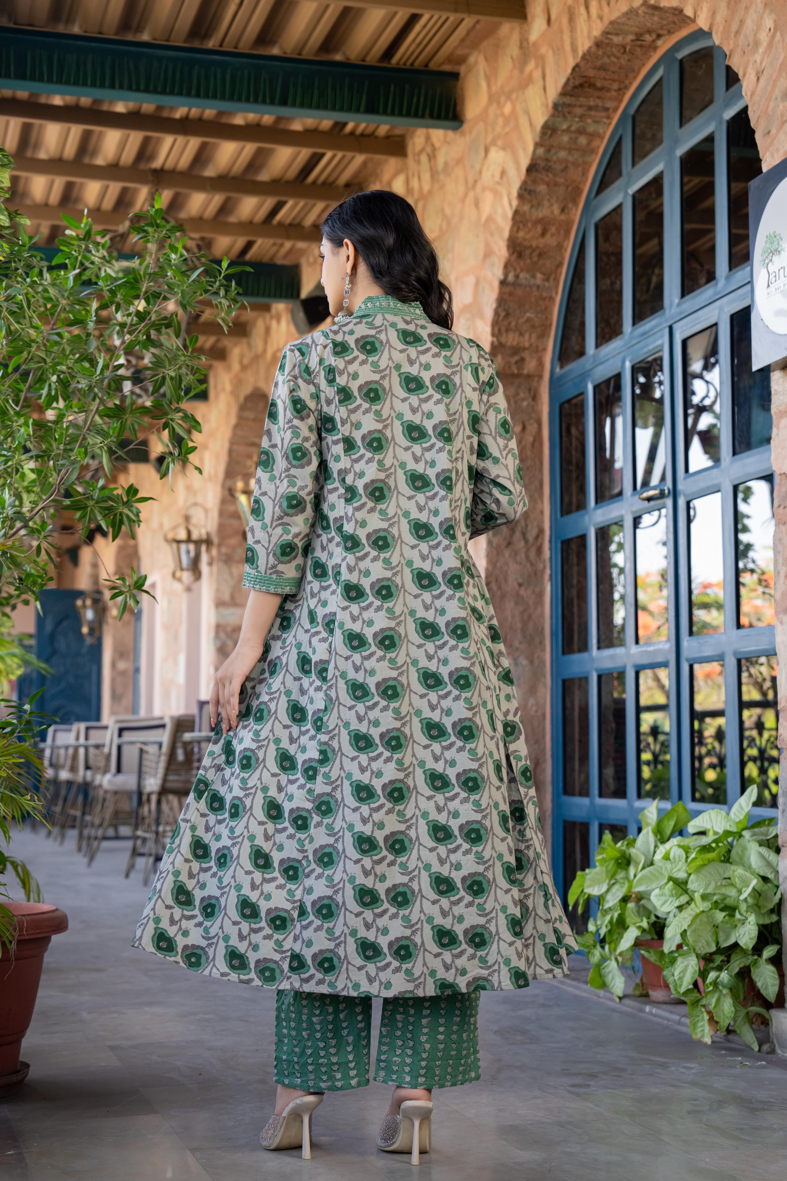 Tavira Women's Floral Cotton Kurta Set with Dupatta | Green Bloom Print | Thread Work Neckline