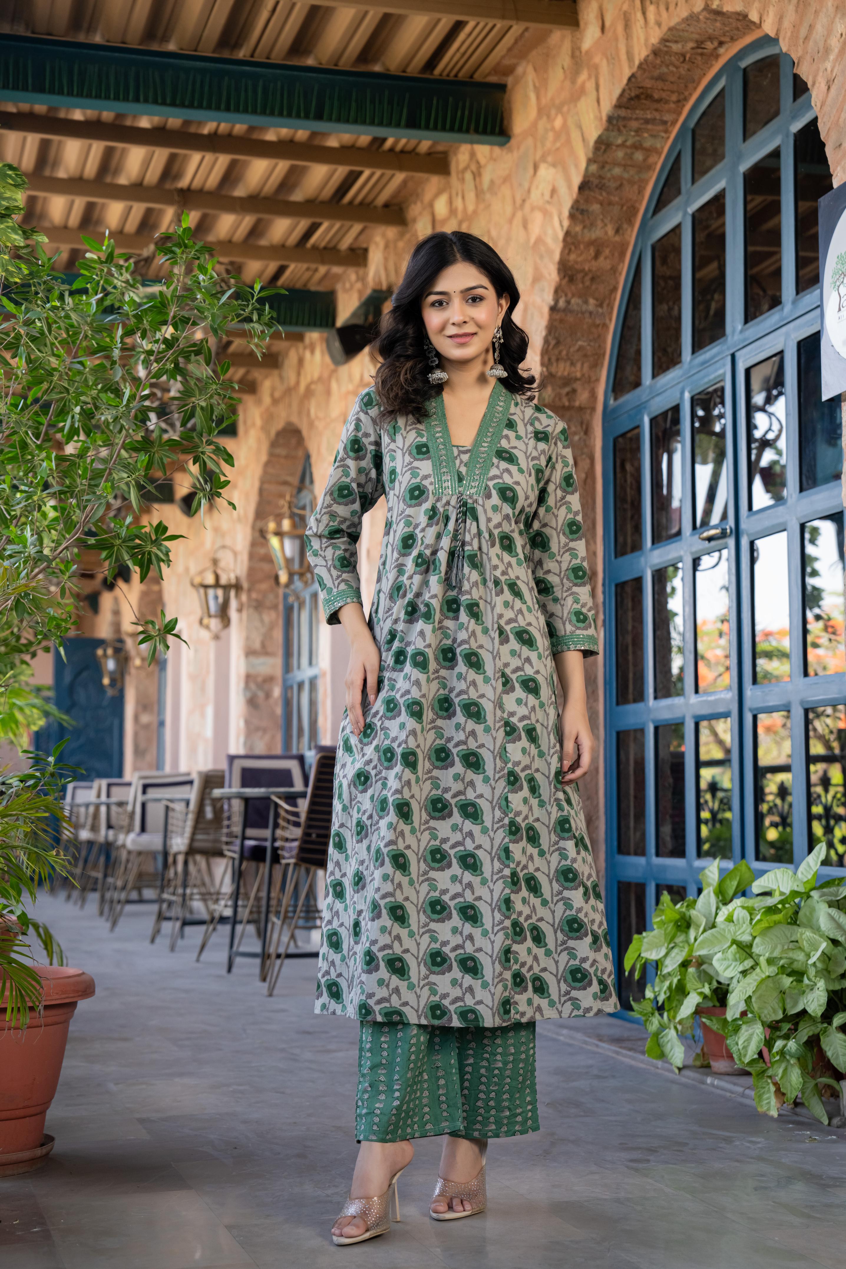 Tavira Women's Floral Cotton Kurta Set with Dupatta | Green Bloom Print | Thread Work Neckline