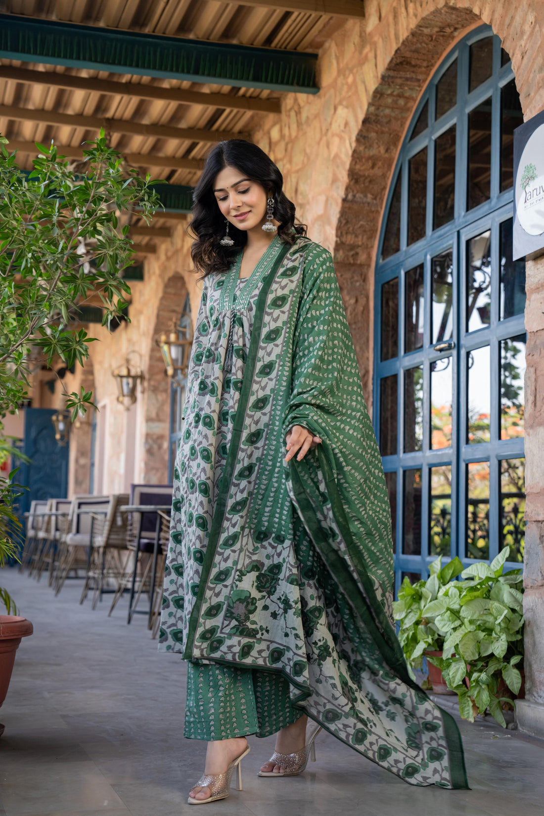 Tavira Women's Floral Cotton Kurta Set with Dupatta | Green Bloom Print | Thread Work Neckline