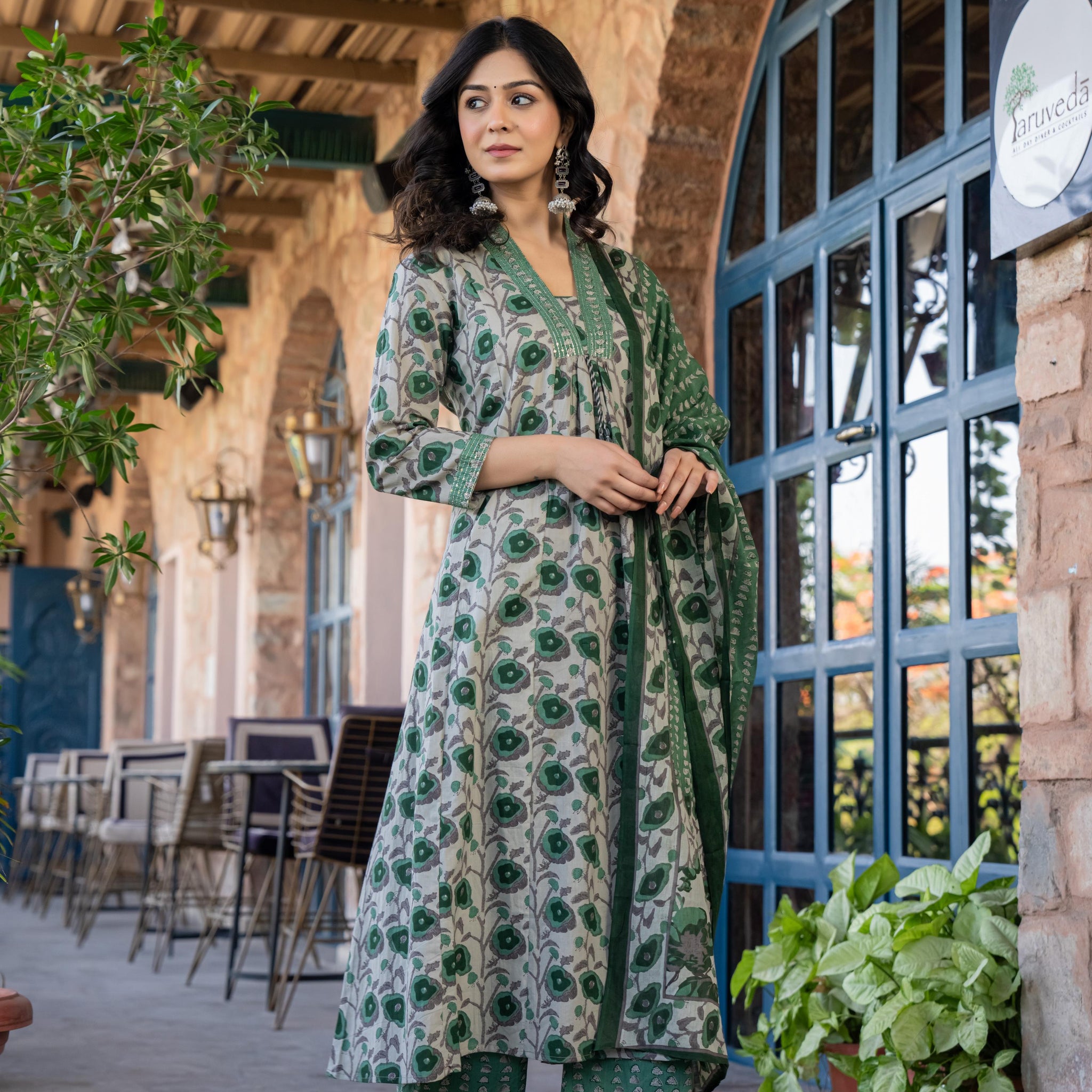 Tavira Women's Floral Cotton Kurta Set with Dupatta | Green Bloom Print | Thread Work Neckline