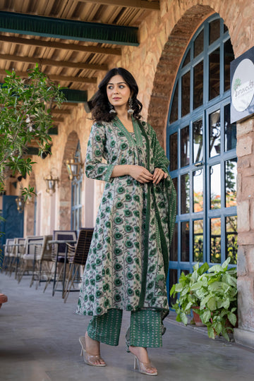 Tavira Women's Floral Cotton Kurta Set with Dupatta | Green Bloom Print | Thread Work Neckline