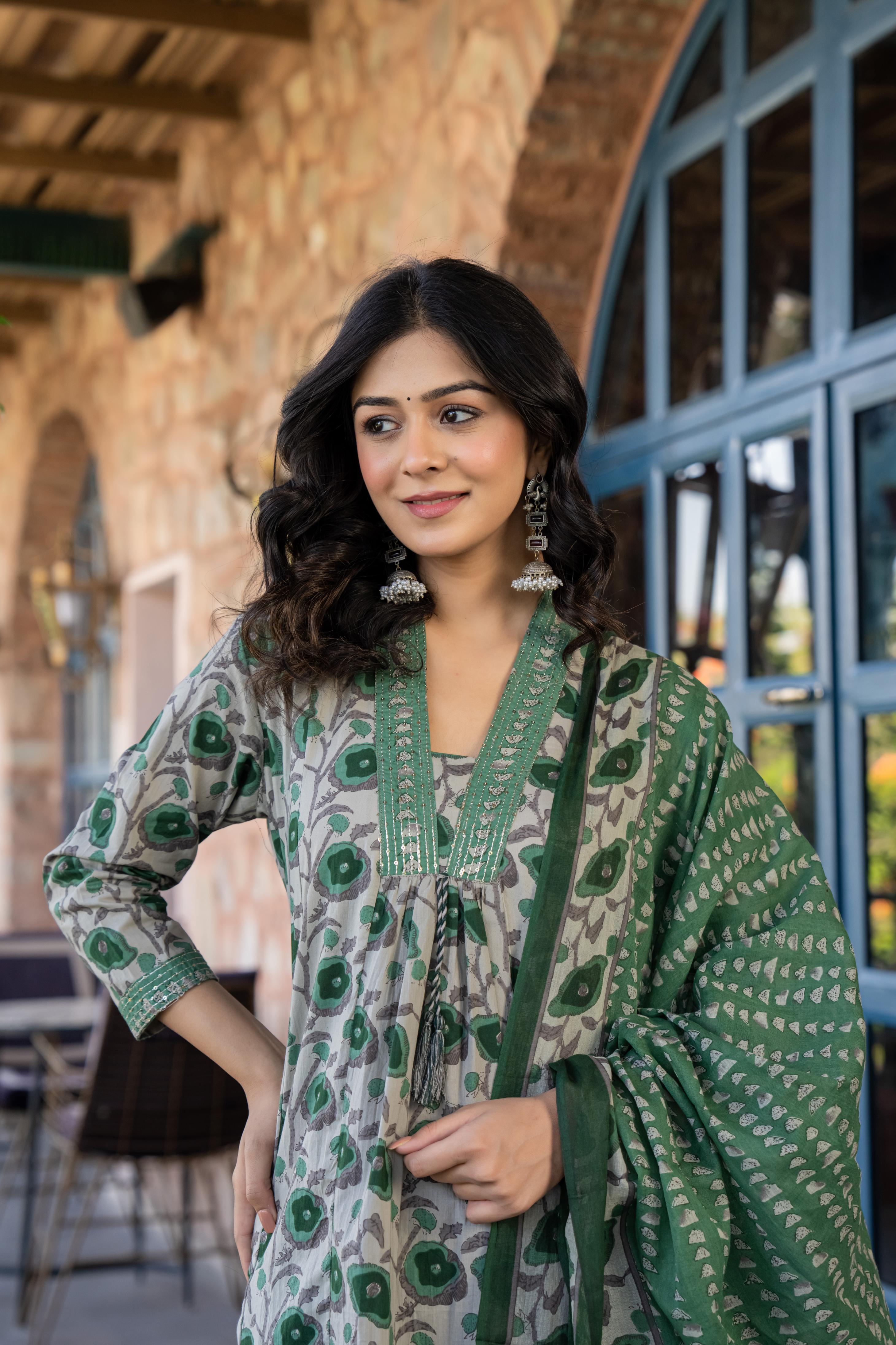 Tavira Women's Floral Cotton Kurta Set with Dupatta | Green Bloom Print | Thread Work Neckline