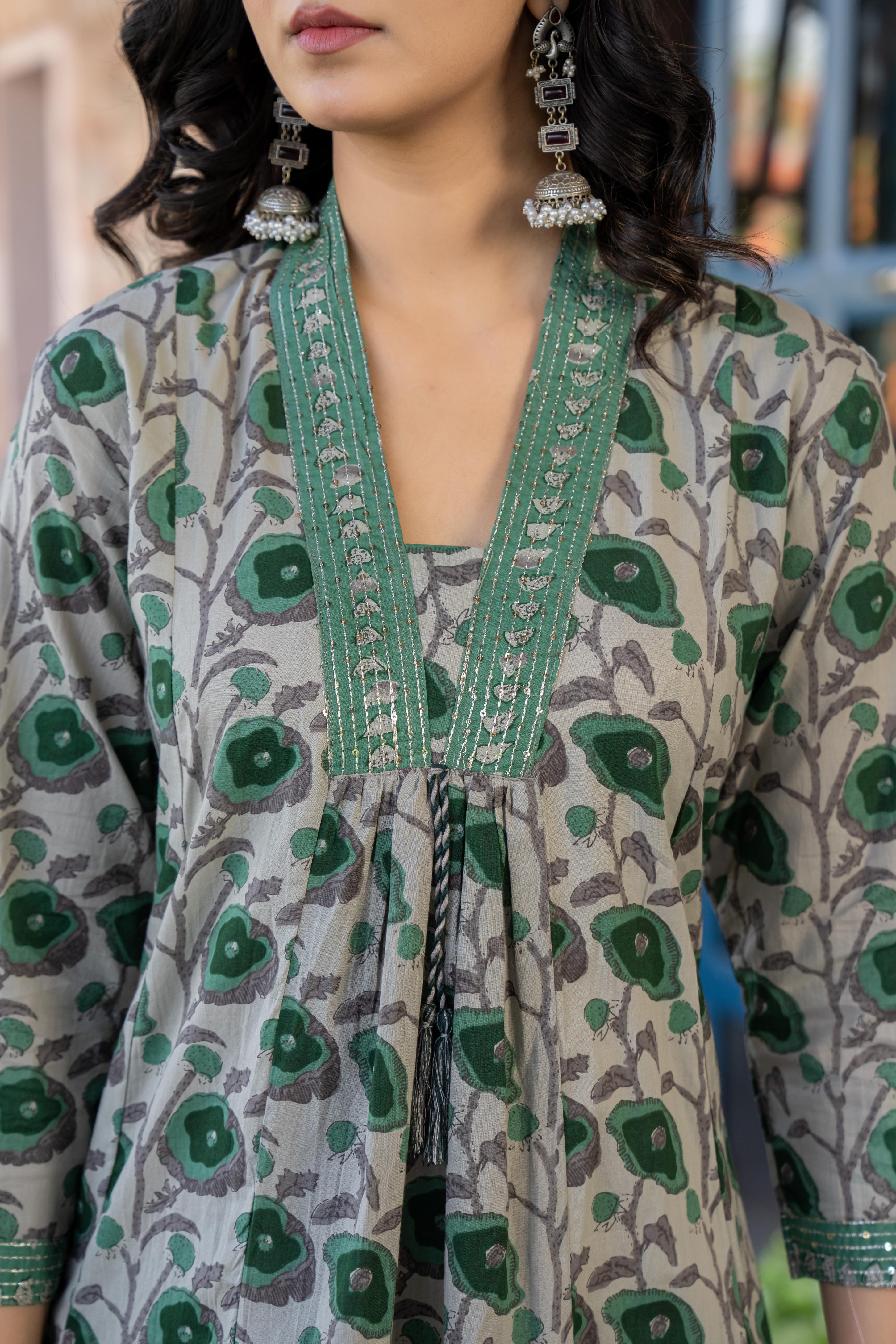 Tavira Women's Floral Cotton Kurta Set with Dupatta | Green Bloom Print | Thread Work Neckline