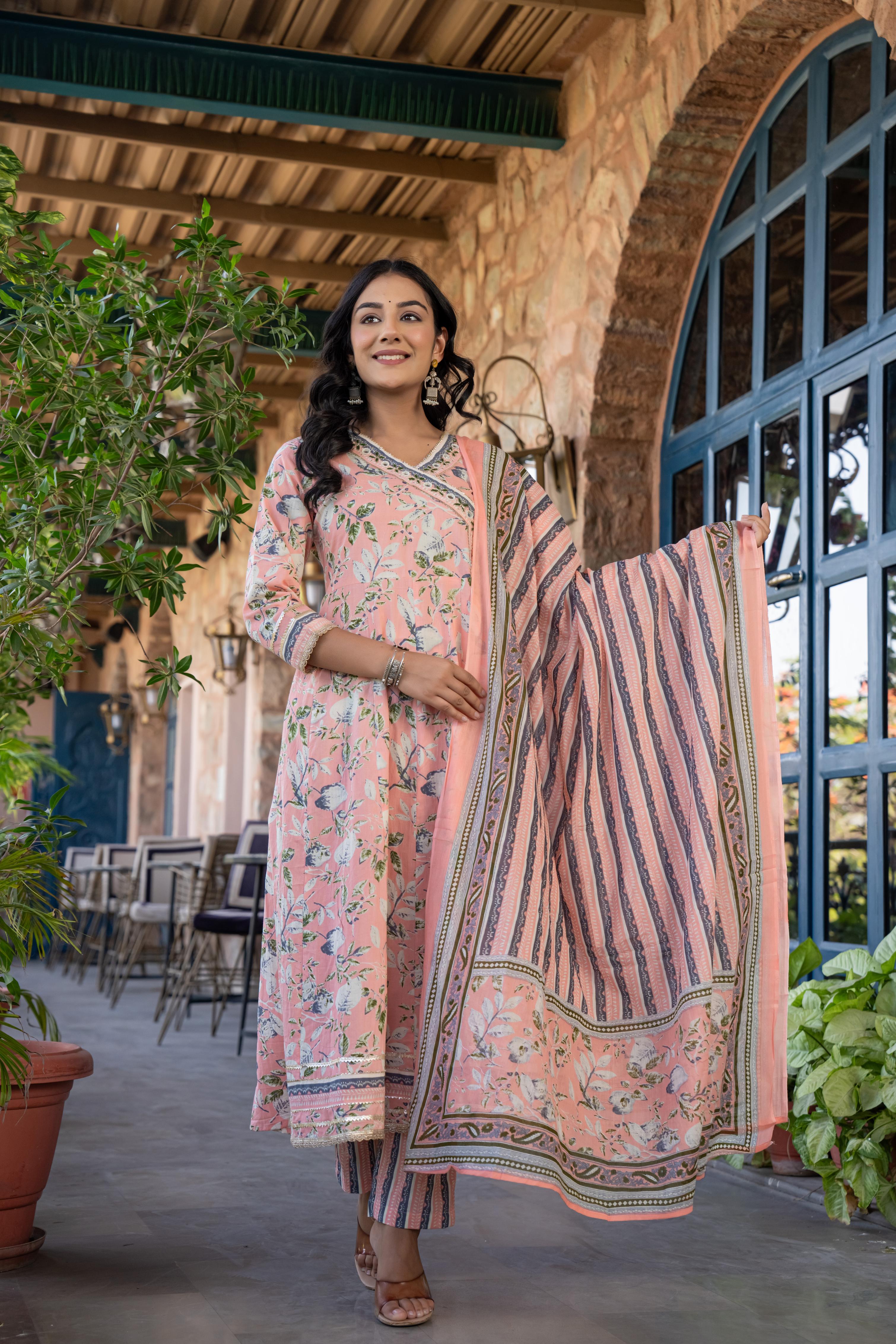Mehira Peach Women's Cotton Kurta Set with Dupatta
