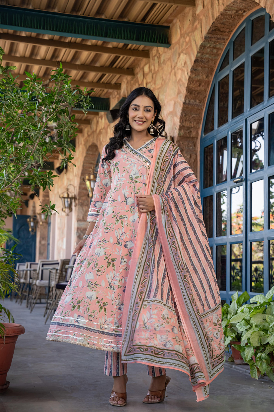Mehira Peach Women's Cotton Kurta Set with Dupatta