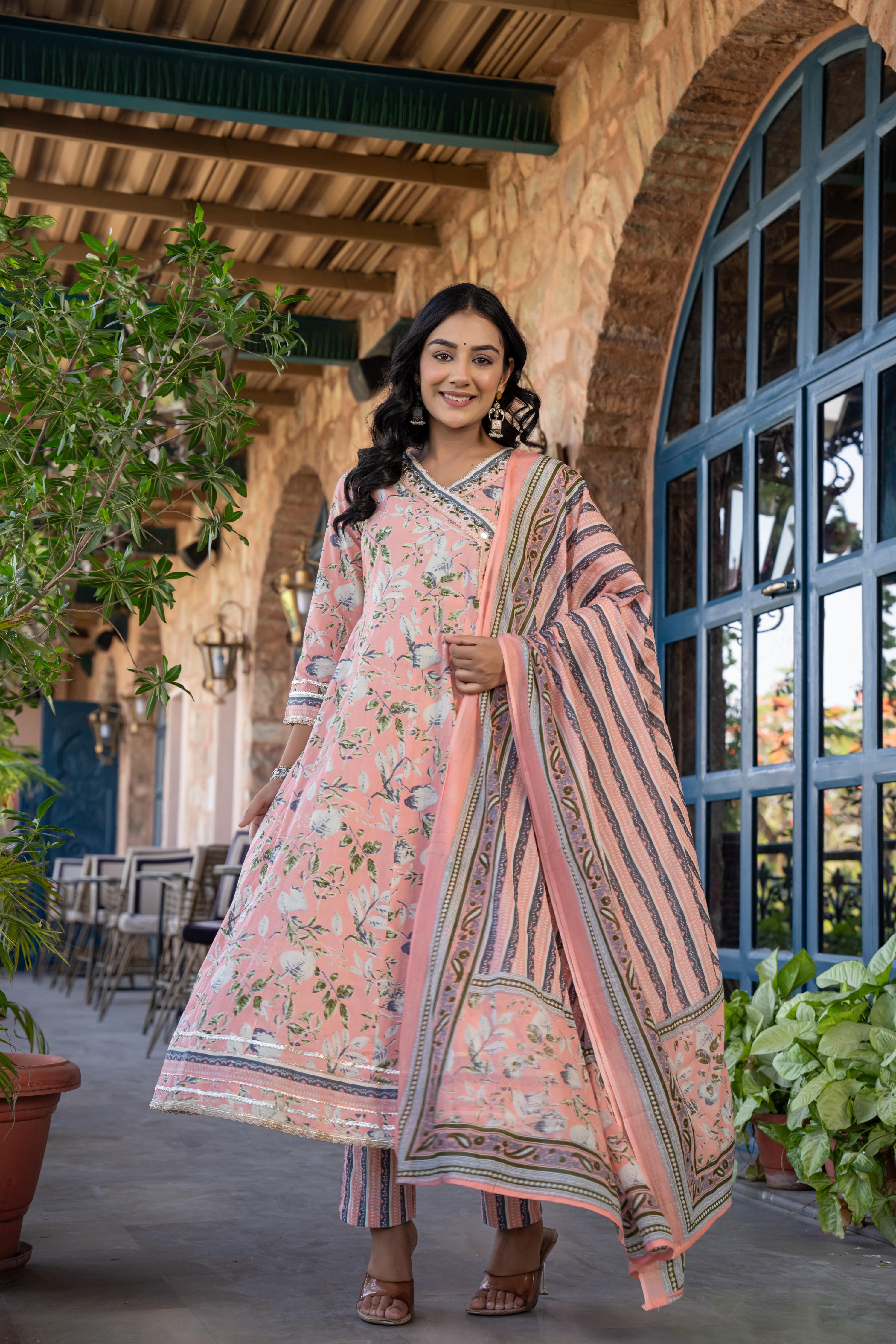 Mehira Peach Women's Cotton Kurta Set with Dupatta
