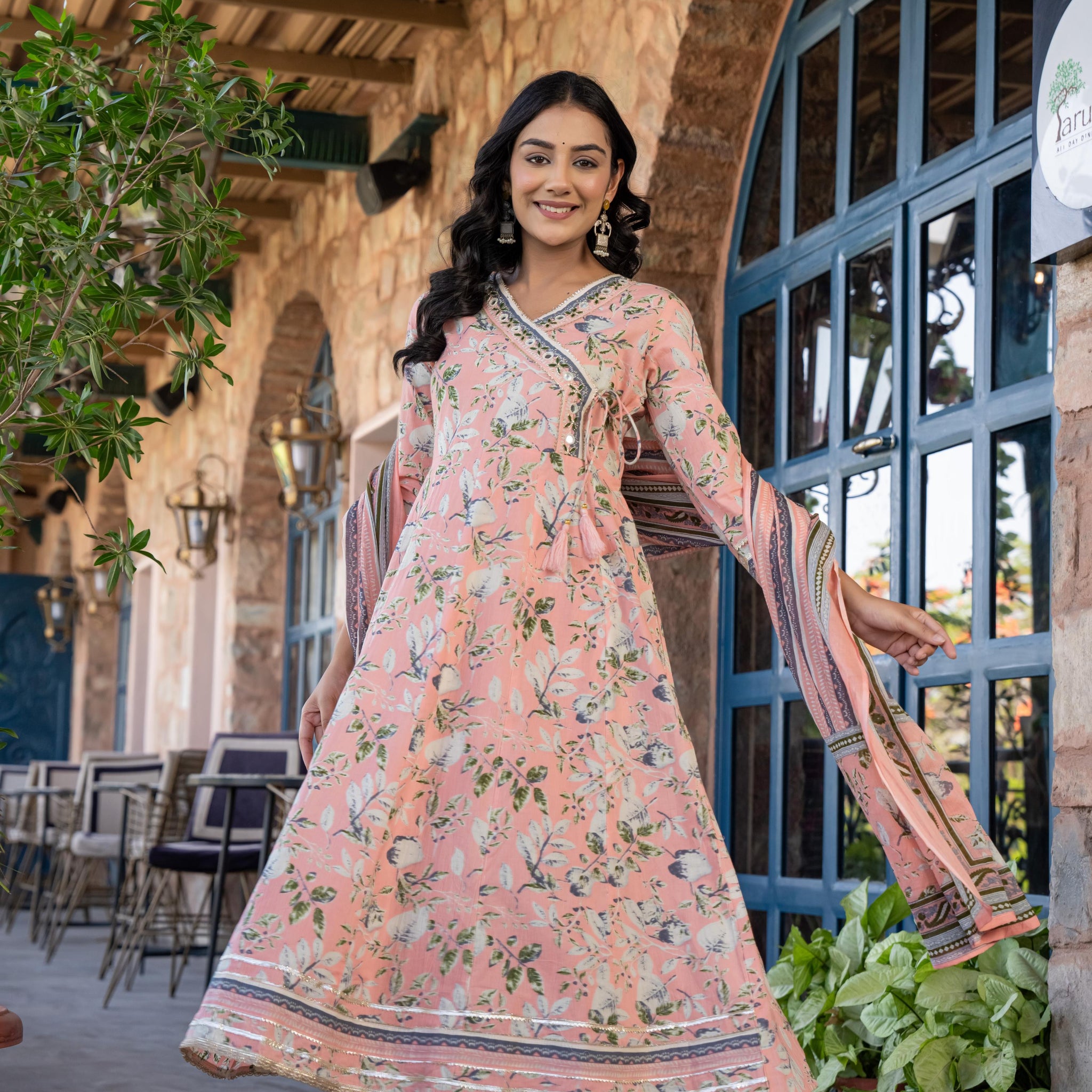 Mehira Peach Women's Cotton Kurta Set with Dupatta