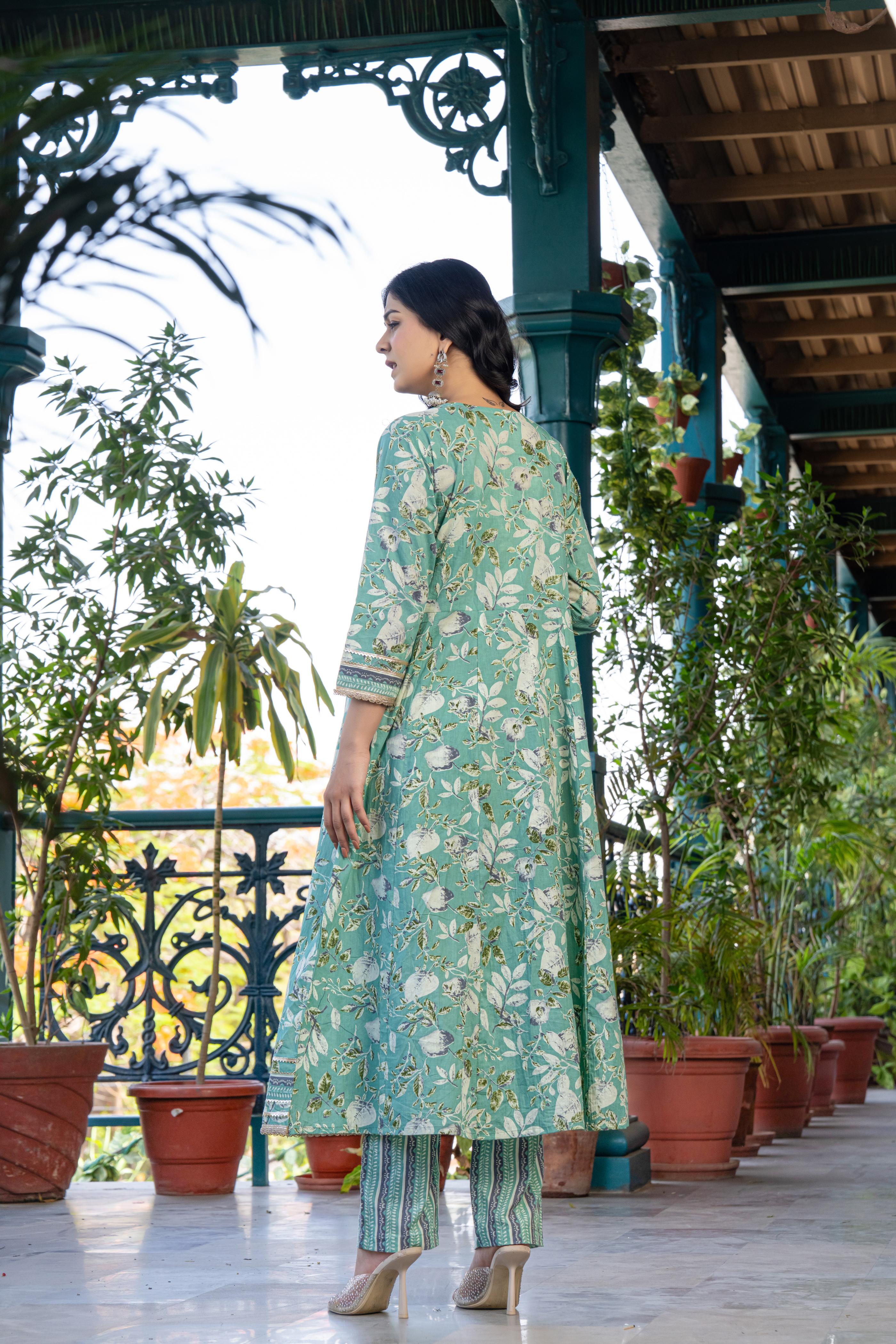 Mehira Green Women's Floral Cotton Kurta Set with Dupatta
