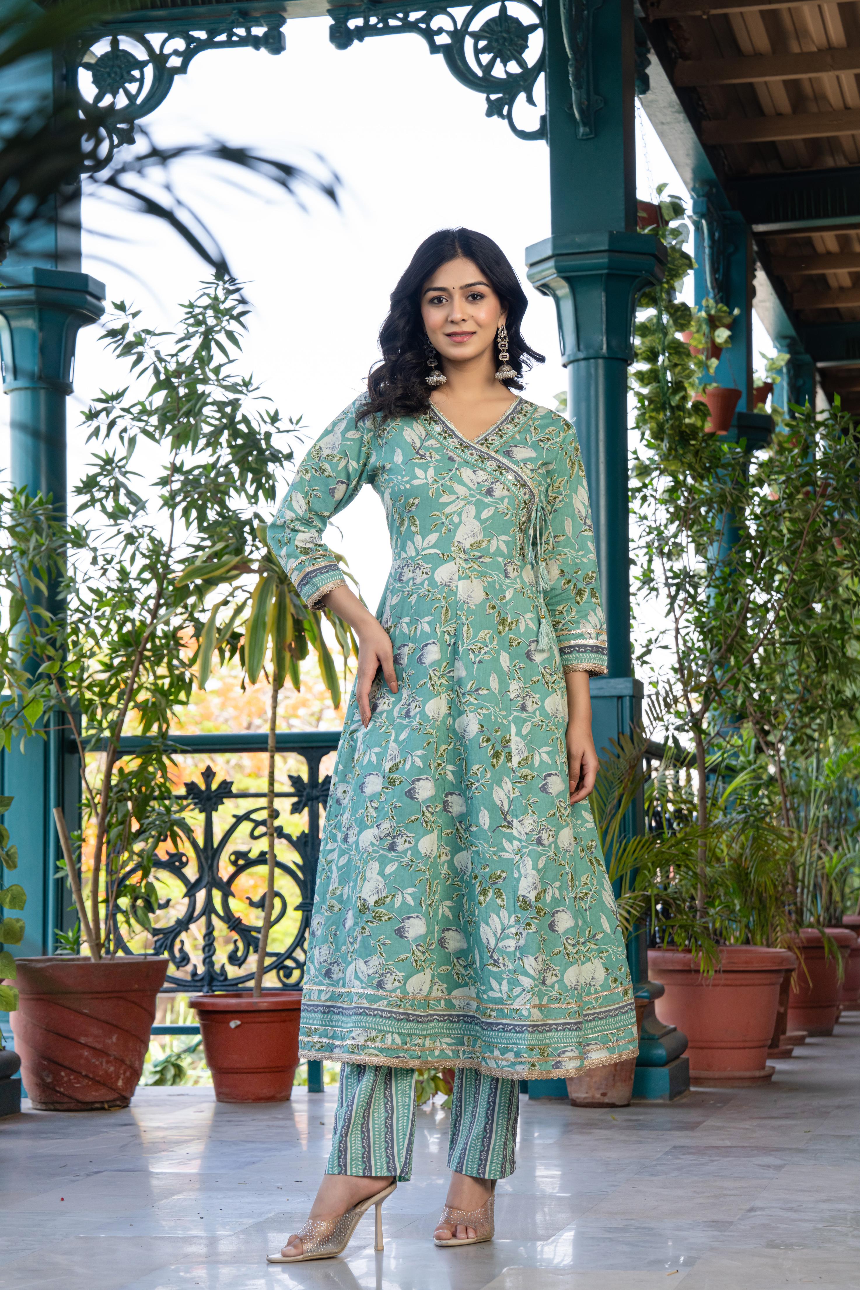 Mehira Green Women's Floral Cotton Kurta Set with Dupatta