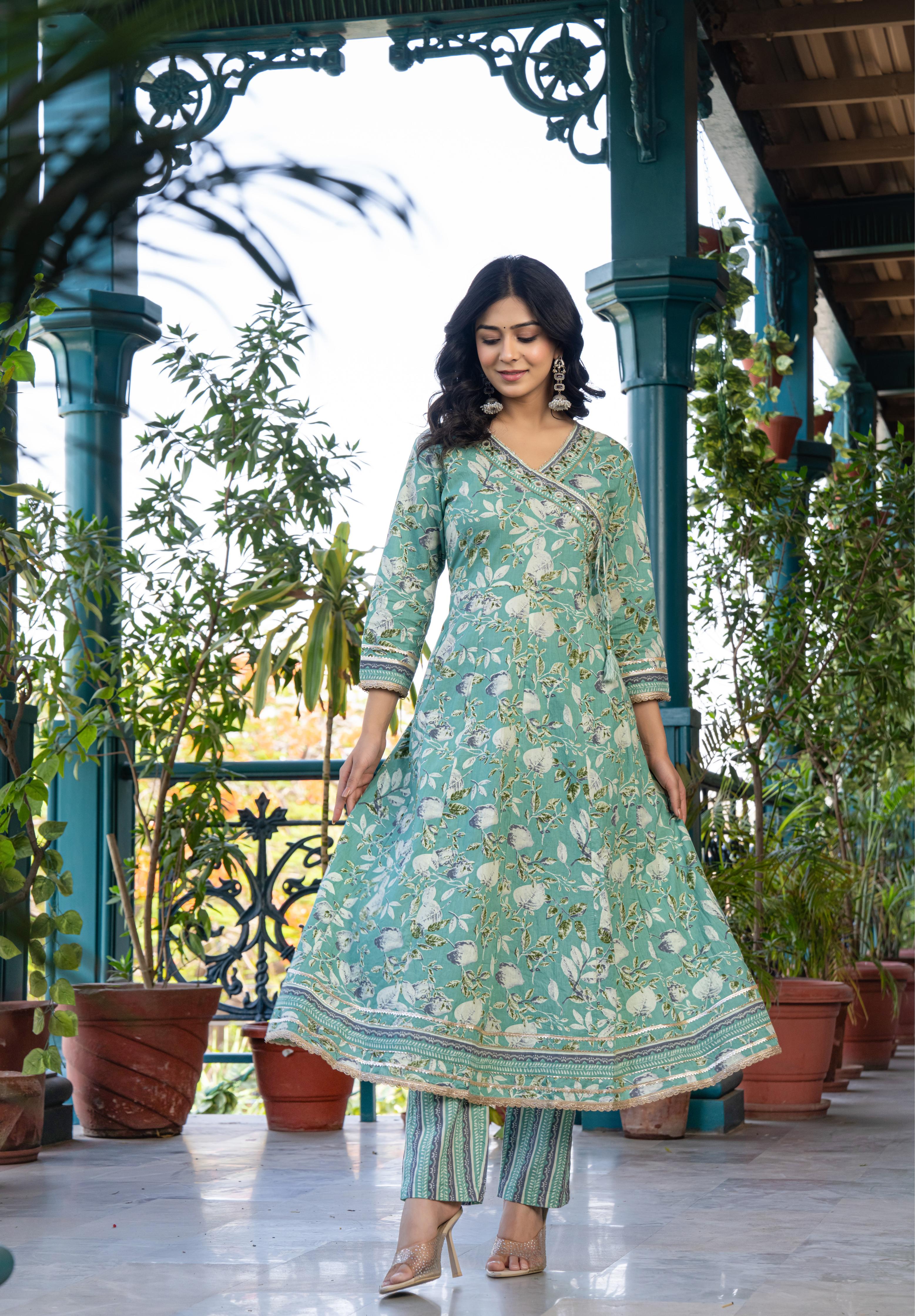 Mehira Green Women's Floral Cotton Kurta Set with Dupatta