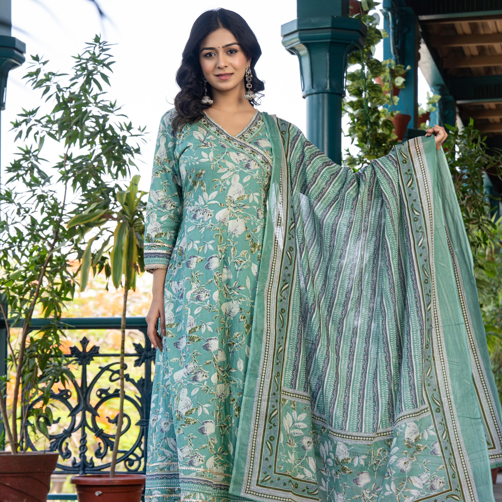 Mehira Green Women's Floral Cotton Kurta Set with Dupatta