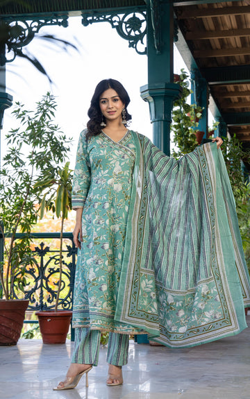 Mehira Green Women's Floral Cotton Kurta Set with Dupatta