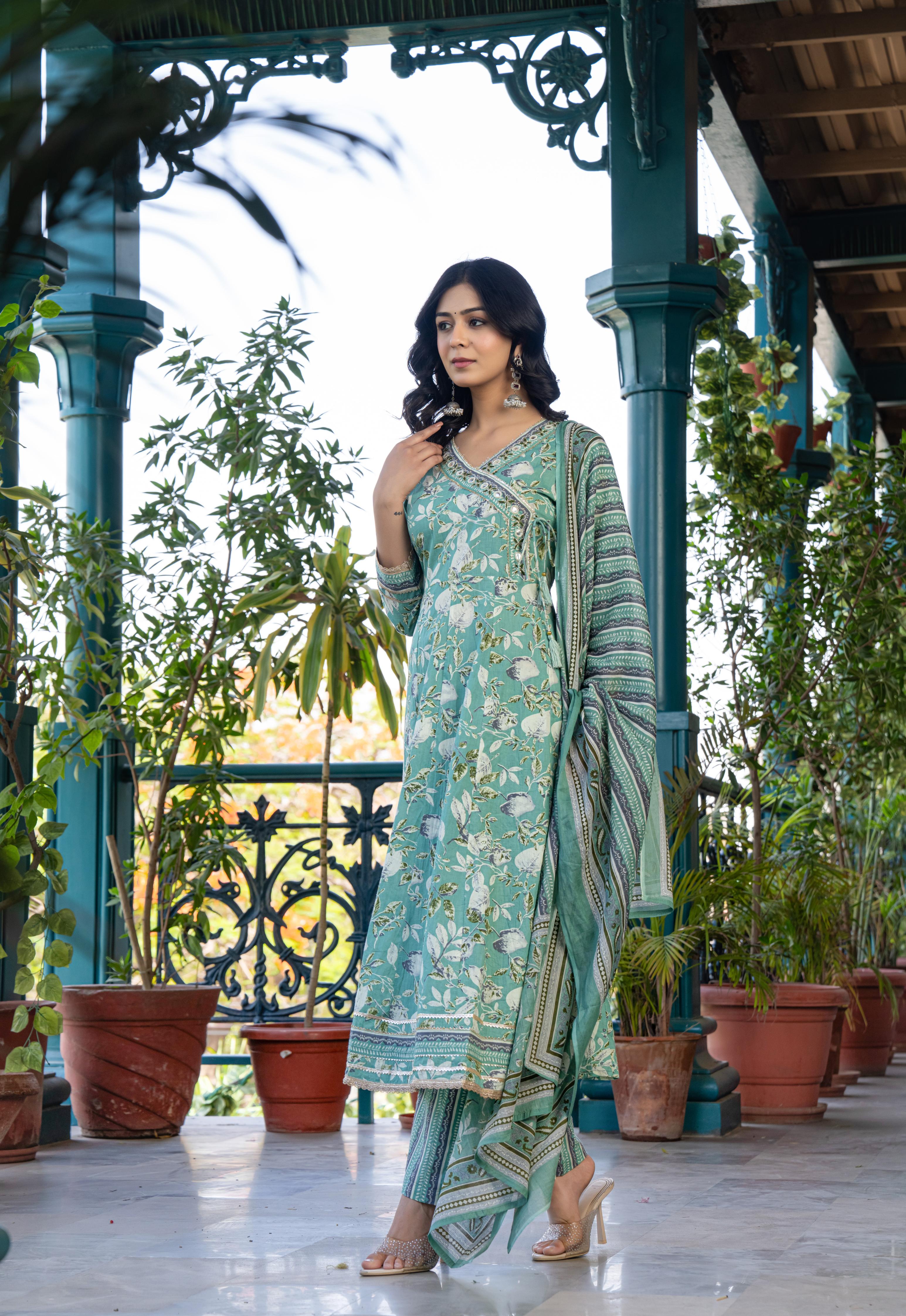 Mehira Green Women's Floral Cotton Kurta Set with Dupatta