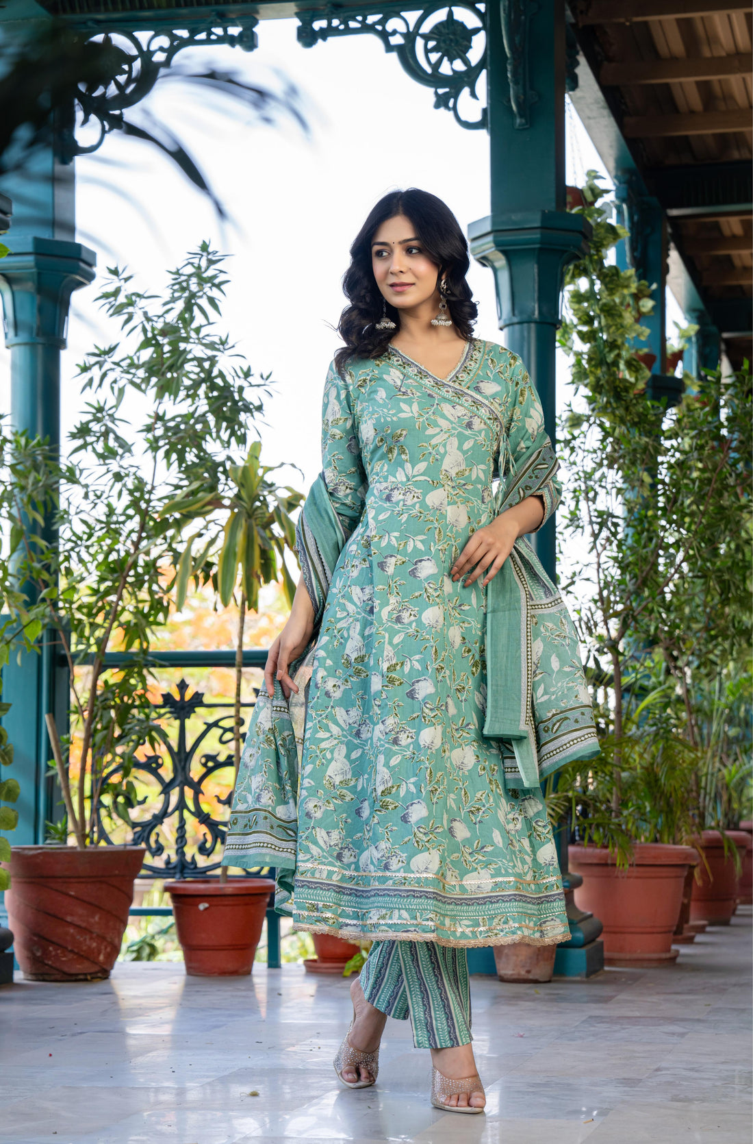 Mehira Green Women's Floral Cotton Kurta Set with Dupatta