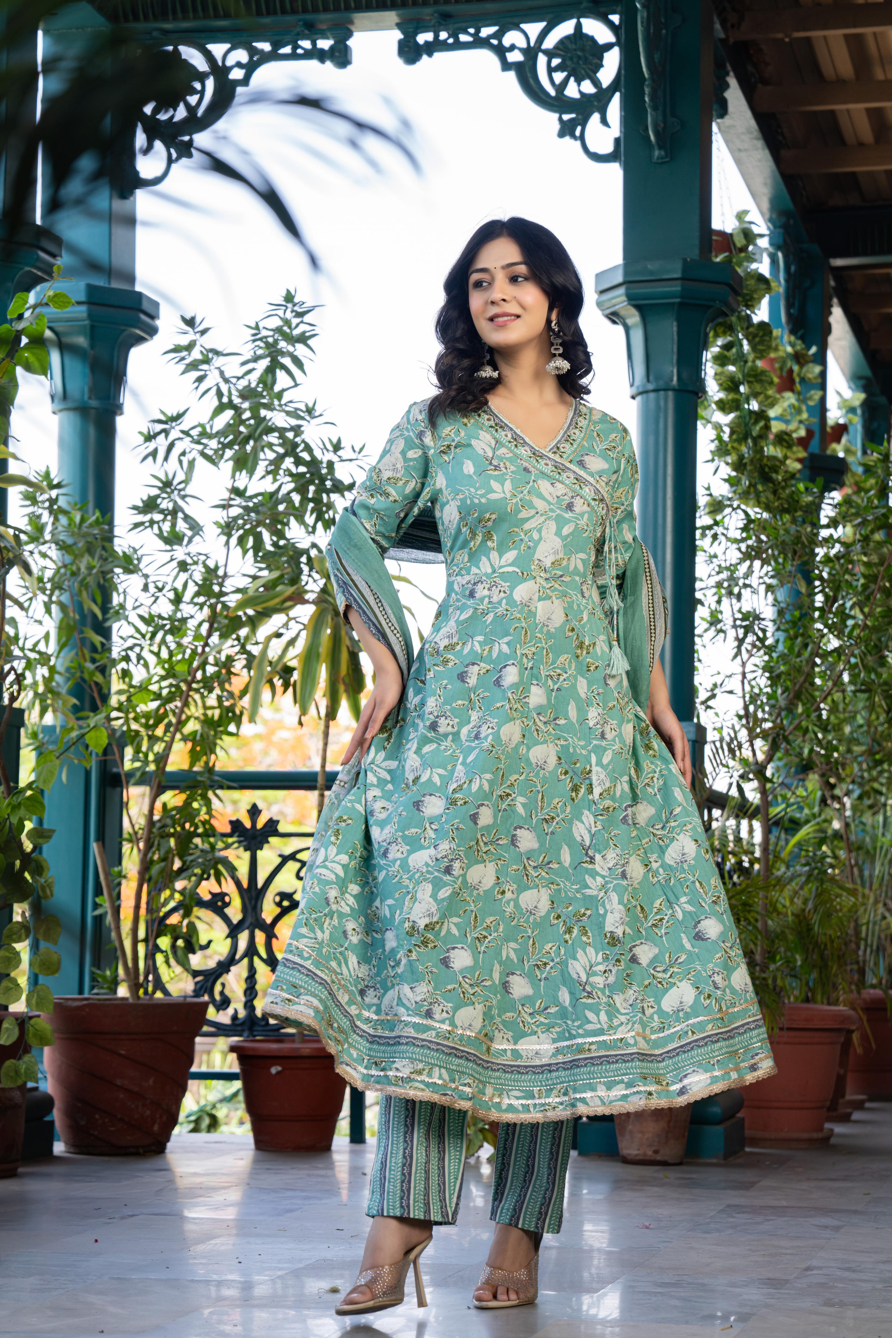 Mehira Green Women's Floral Cotton Kurta Set with Dupatta