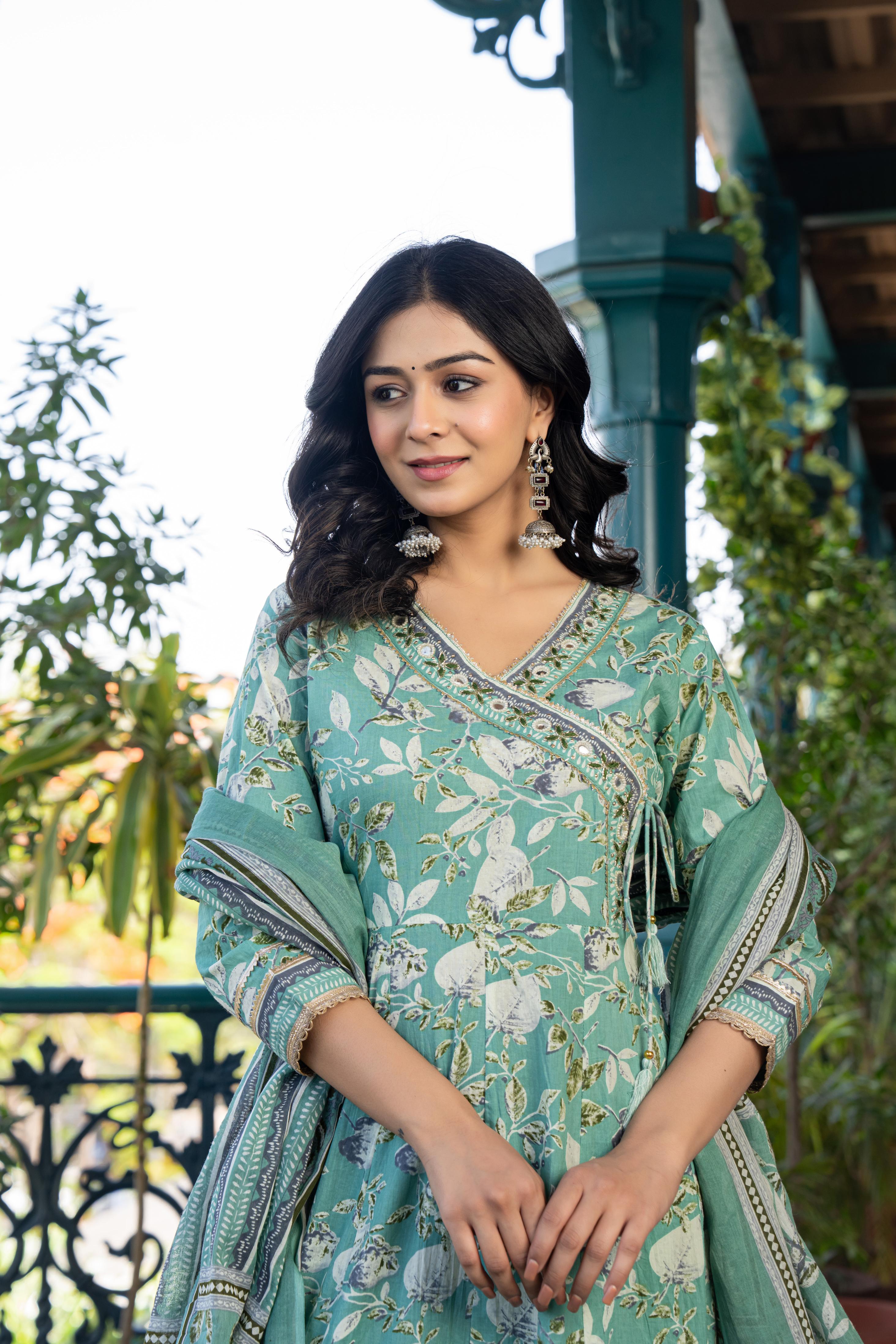 Mehira Green Women's Floral Cotton Kurta Set with Dupatta