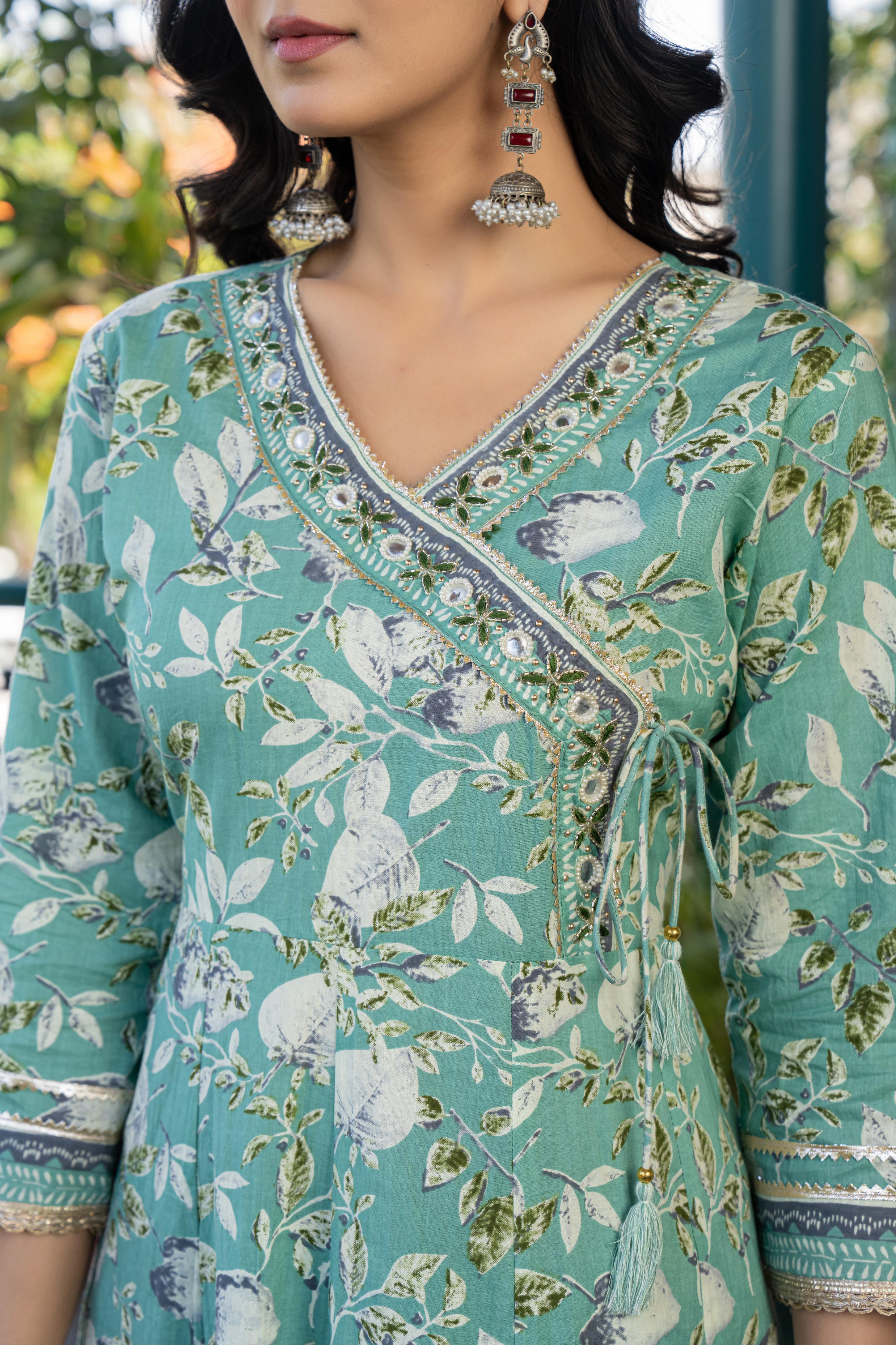 Mehira Green Women's Floral Cotton Kurta Set with Dupatta