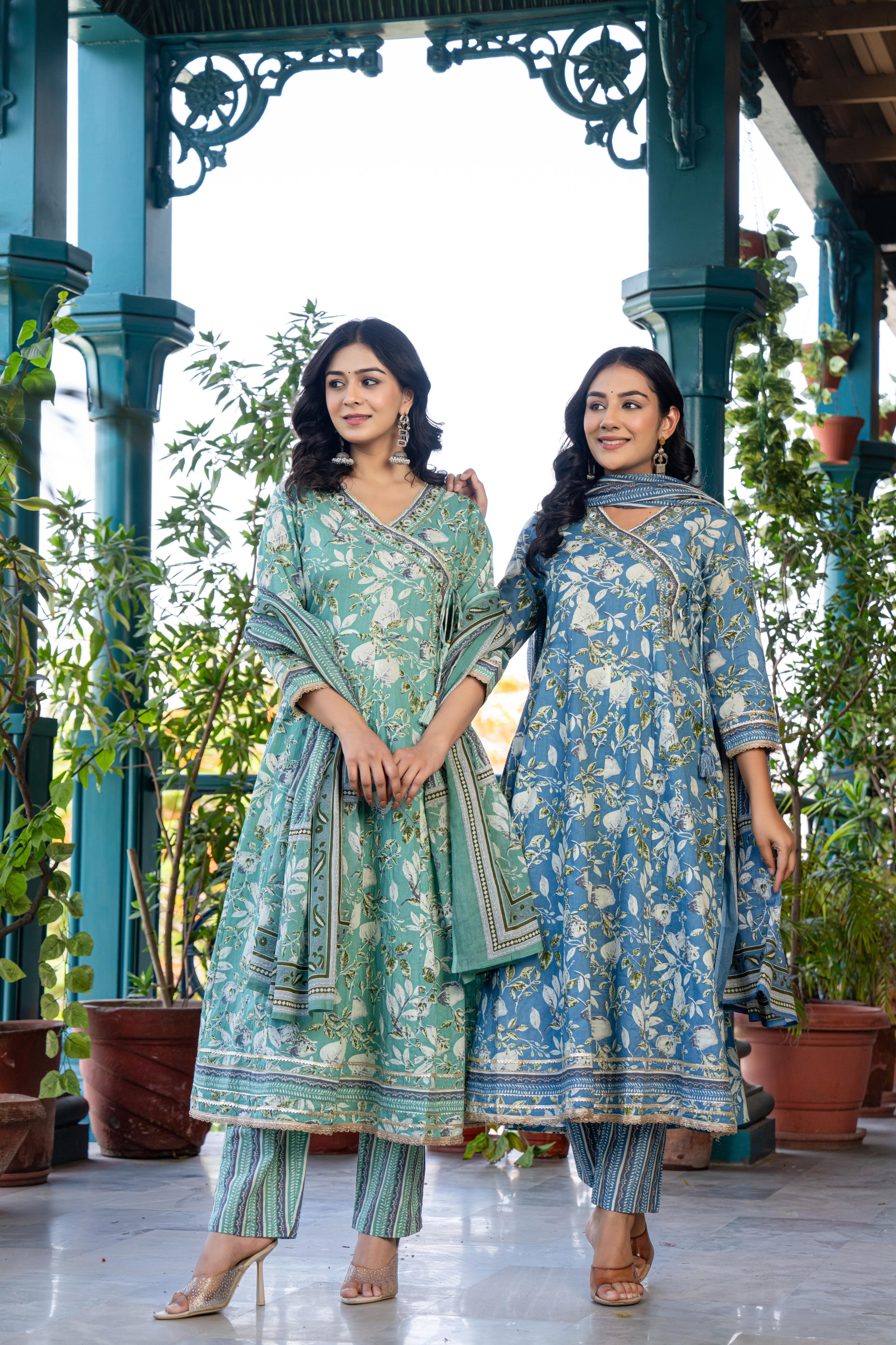 Mehira Green Women's Floral Cotton Kurta Set with Dupatta