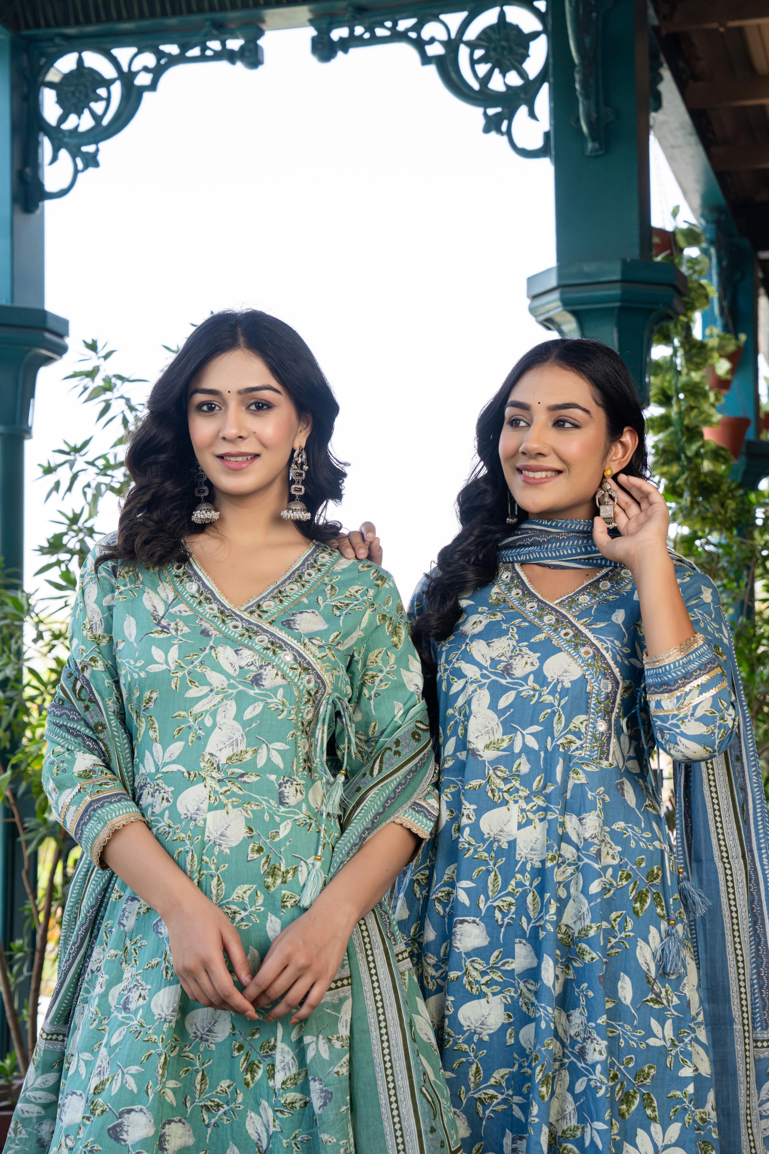Mehira Green Women's Floral Cotton Kurta Set with Dupatta
