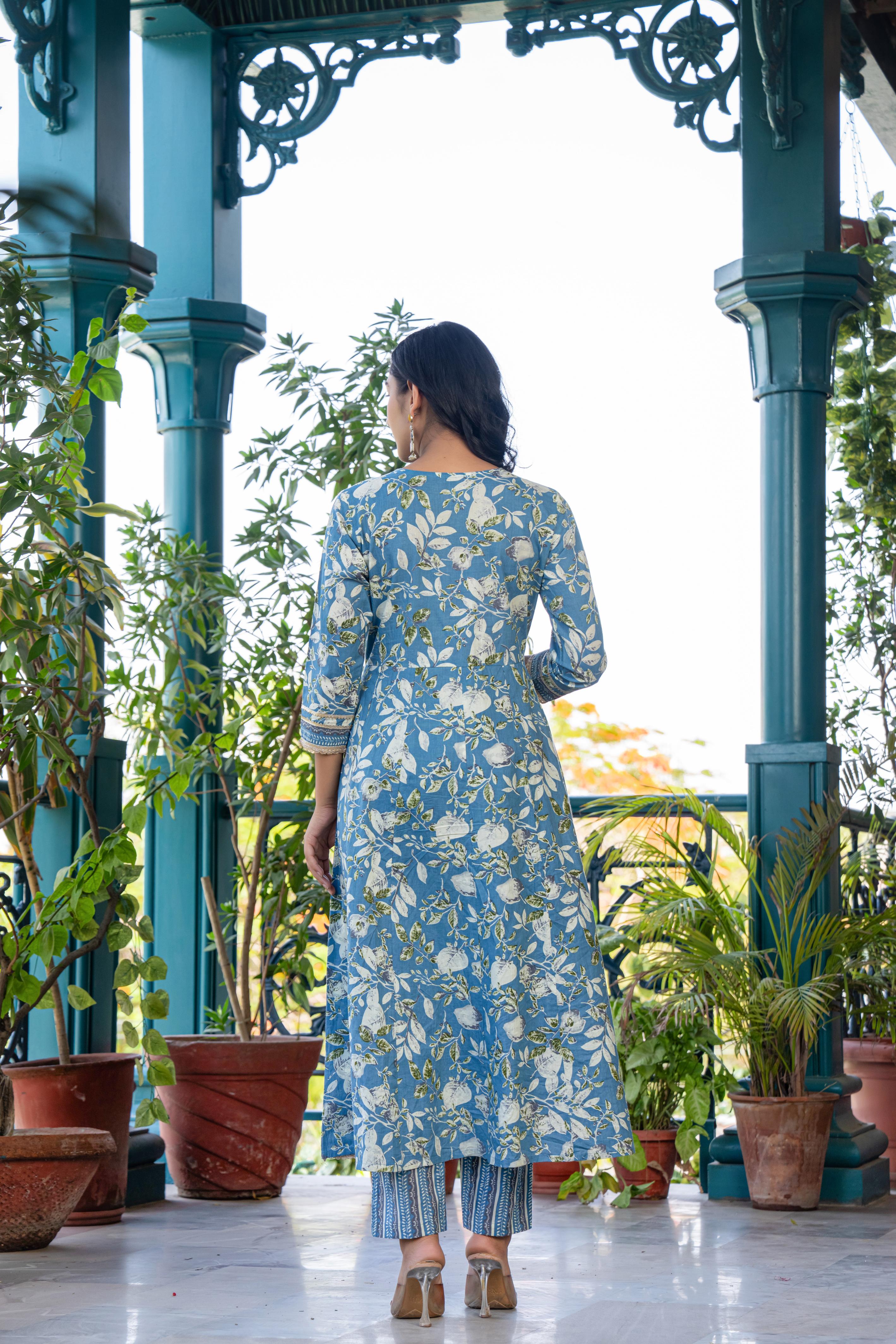 Mehira Women's Blue Floral Cotton Kurta Set with Dupatta