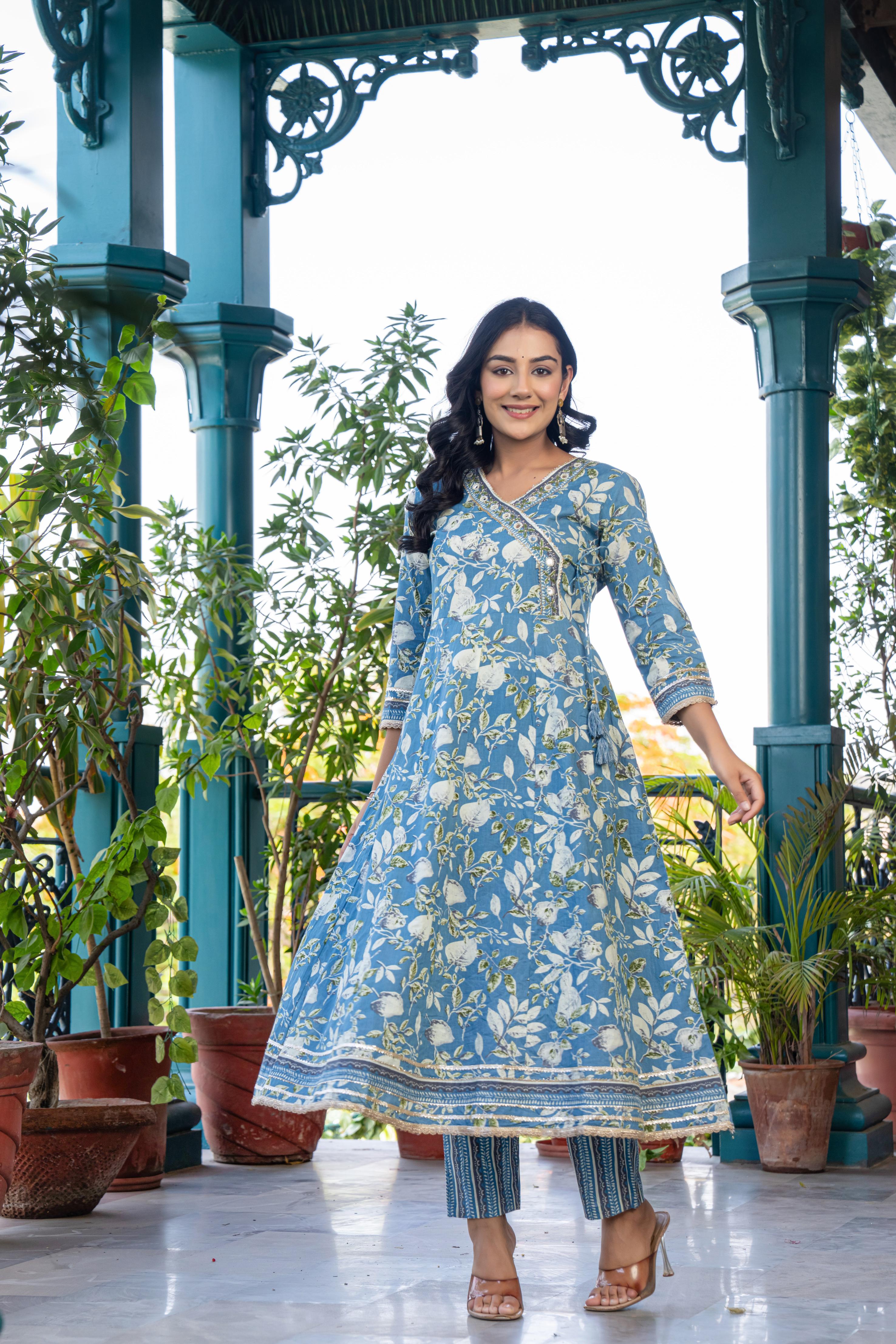 Mehira Women's Blue Floral Cotton Kurta Set with Dupatta