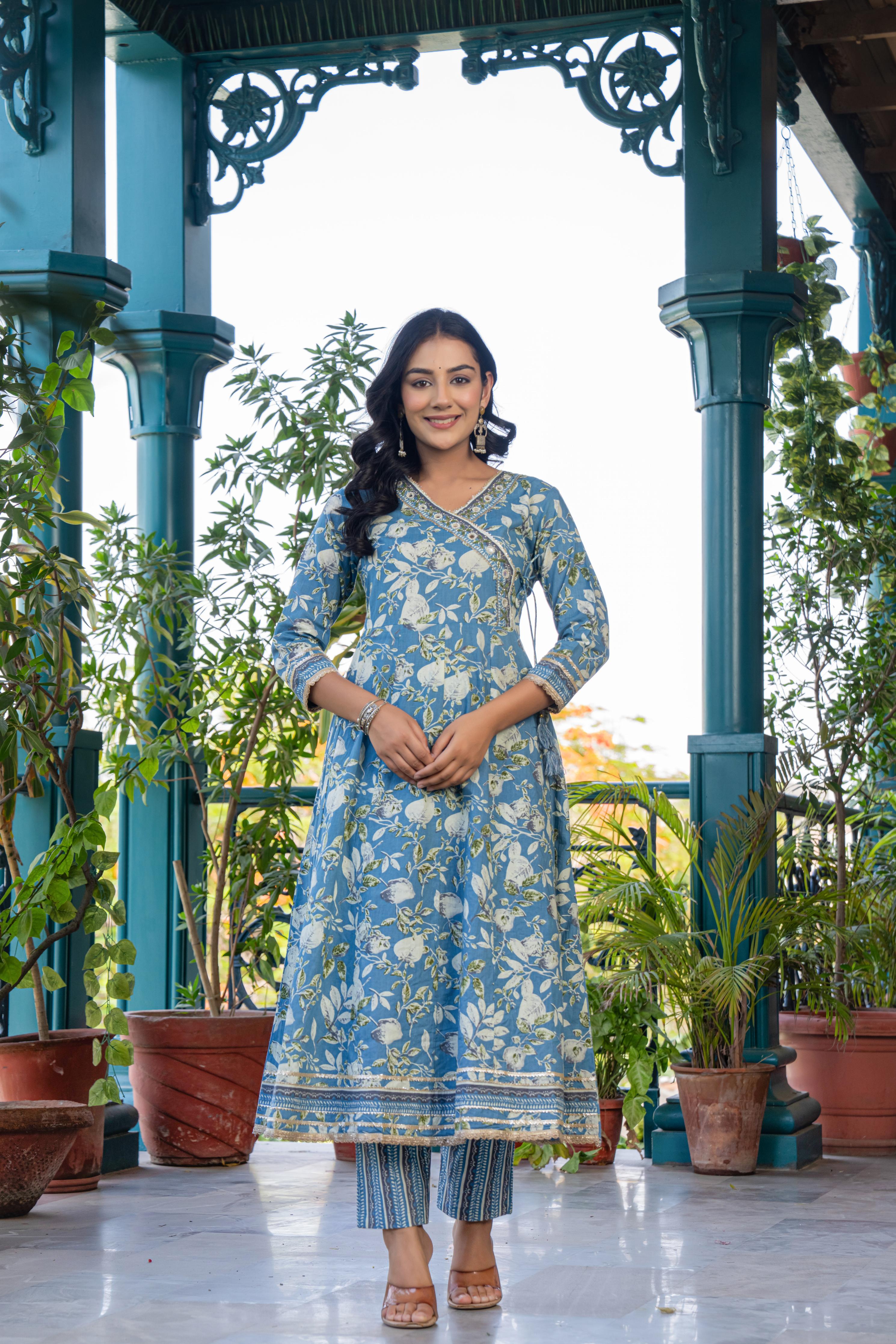 Mehira Women's Blue Floral Cotton Kurta Set with Dupatta