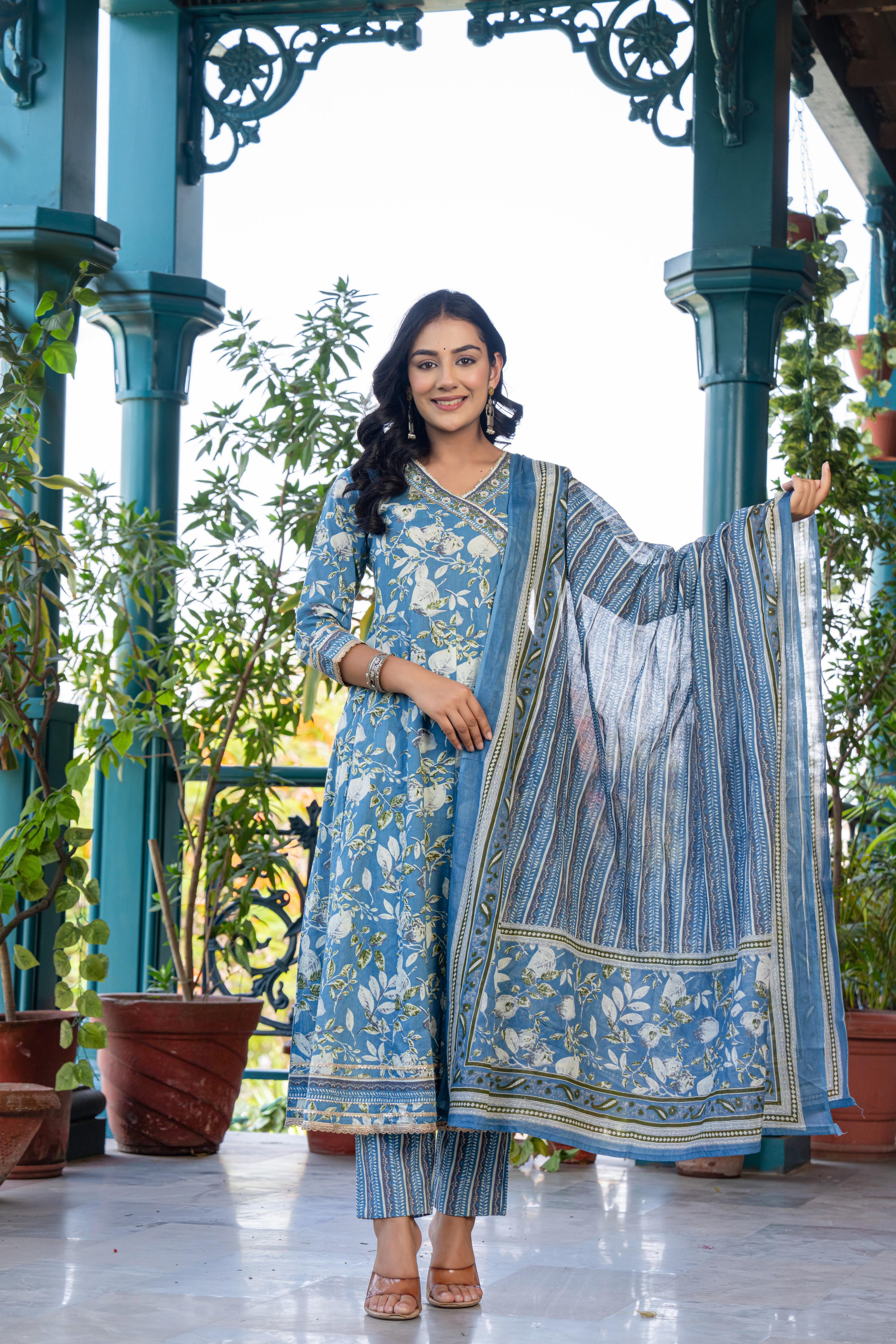 Mehira Women's Blue Floral Cotton Kurta Set with Dupatta