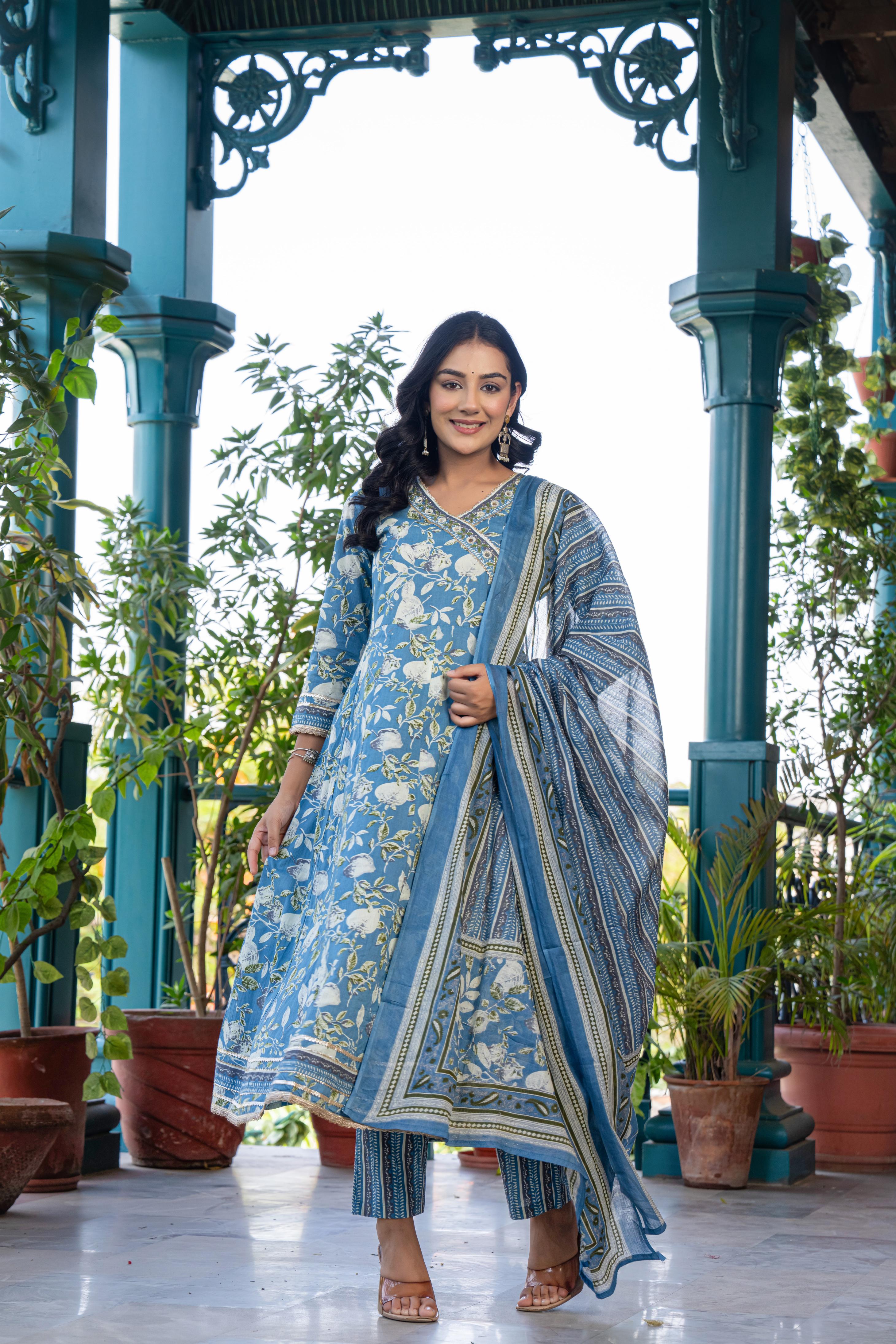Mehira Women's Blue Floral Cotton Kurta Set with Dupatta