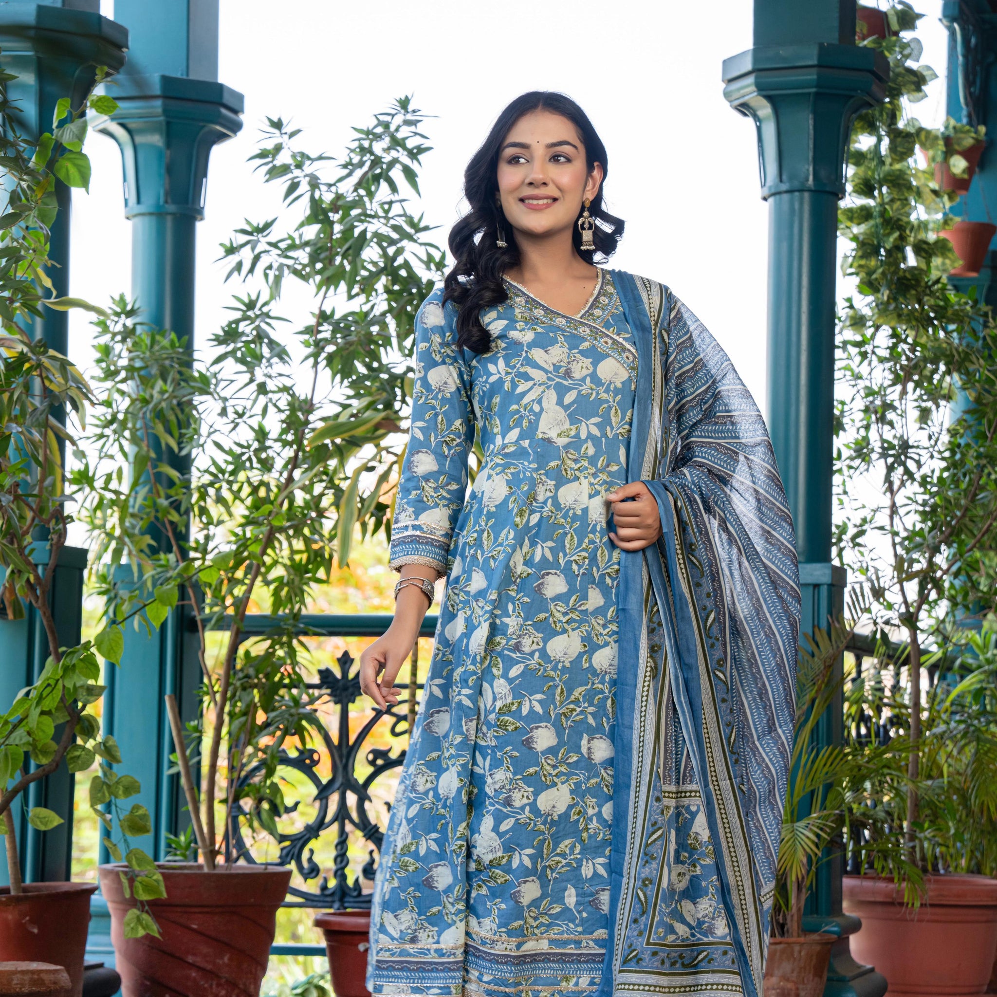 Mehira Women's Blue Floral Cotton Kurta Set with Dupatta