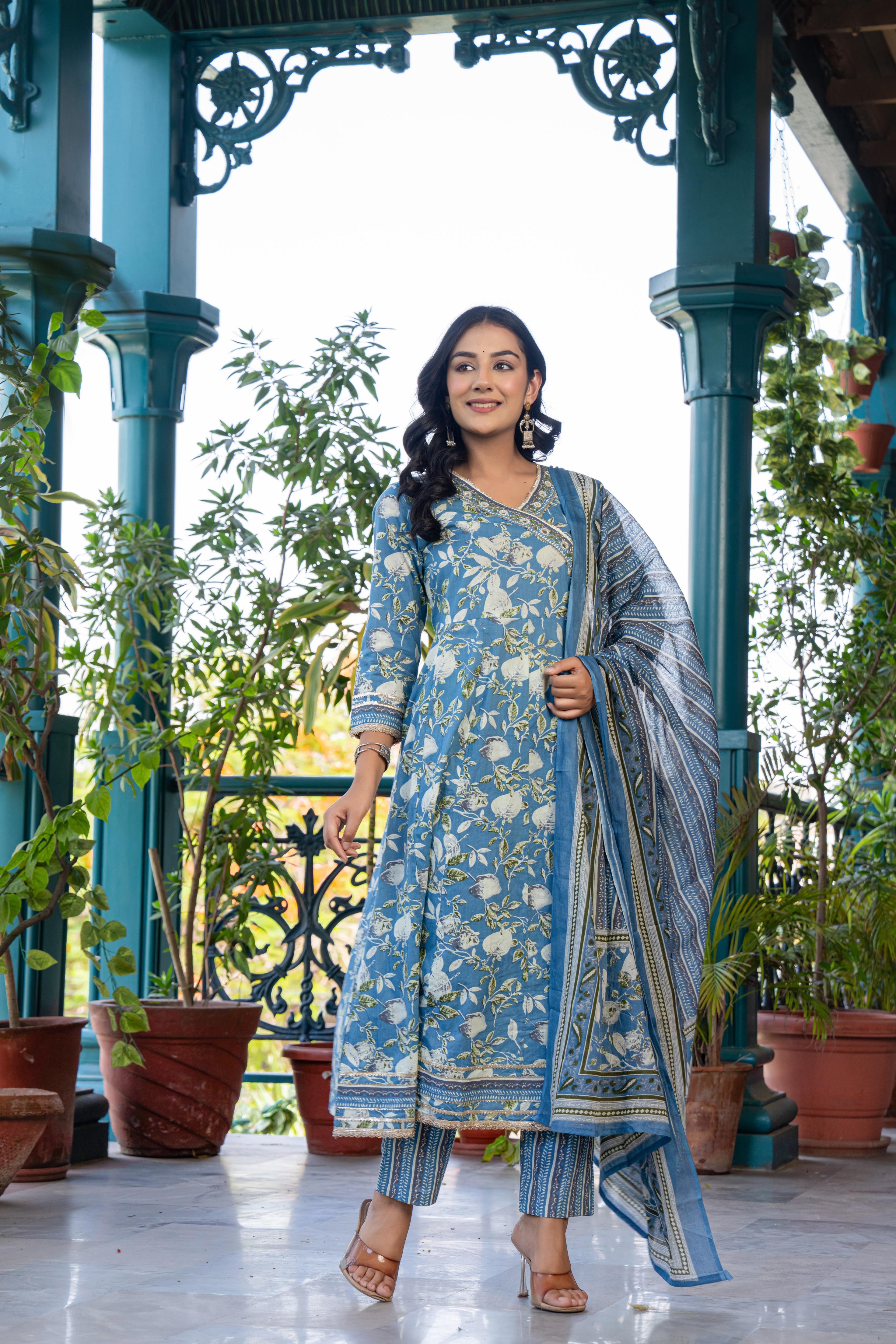 Mehira Women's Blue Floral Cotton Kurta Set with Dupatta