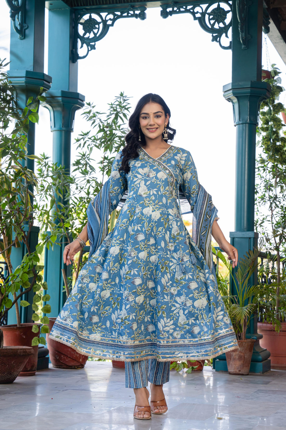 Mehira Women's Blue Floral Cotton Kurta Set with Dupatta