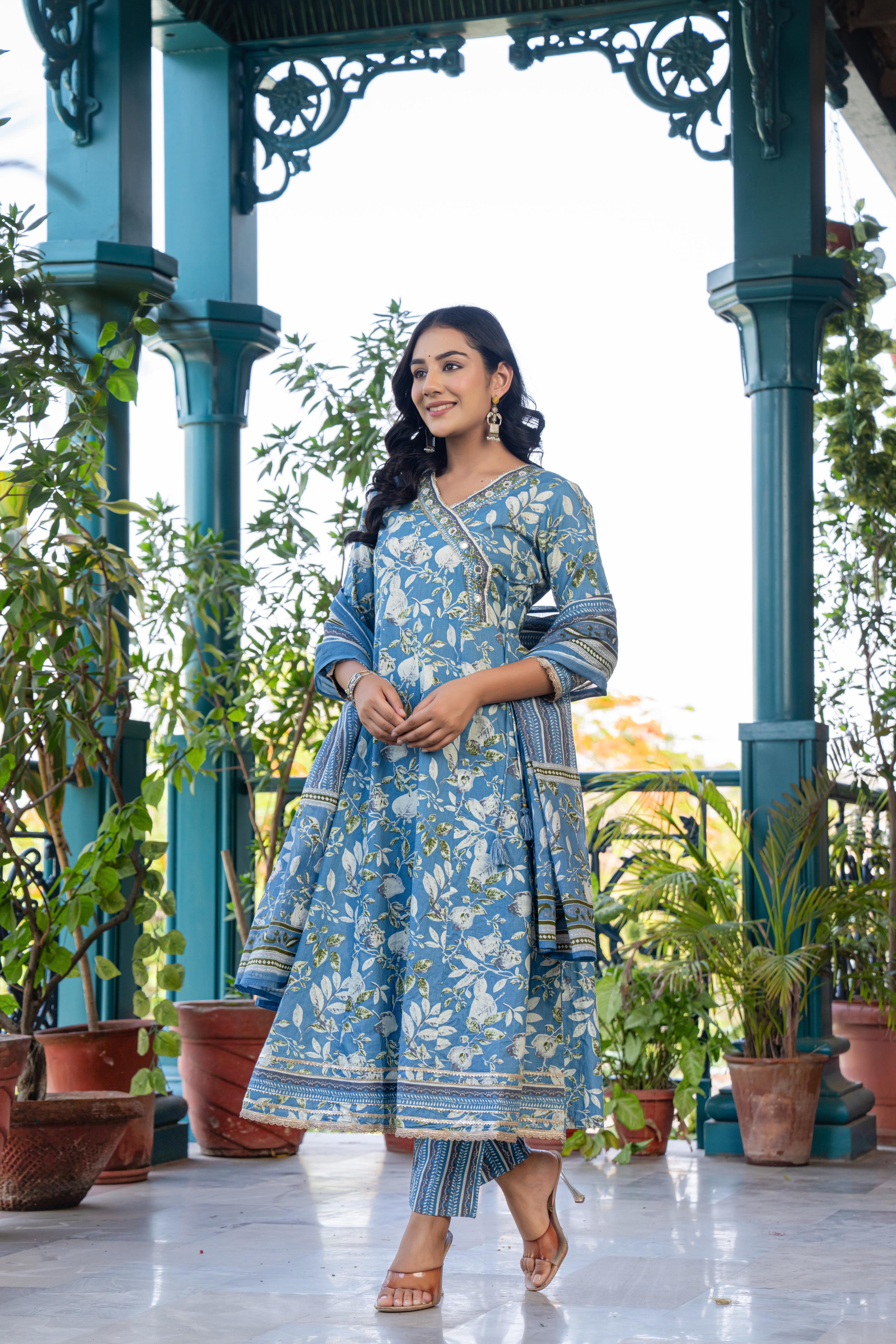 Mehira Women's Blue Floral Cotton Kurta Set with Dupatta