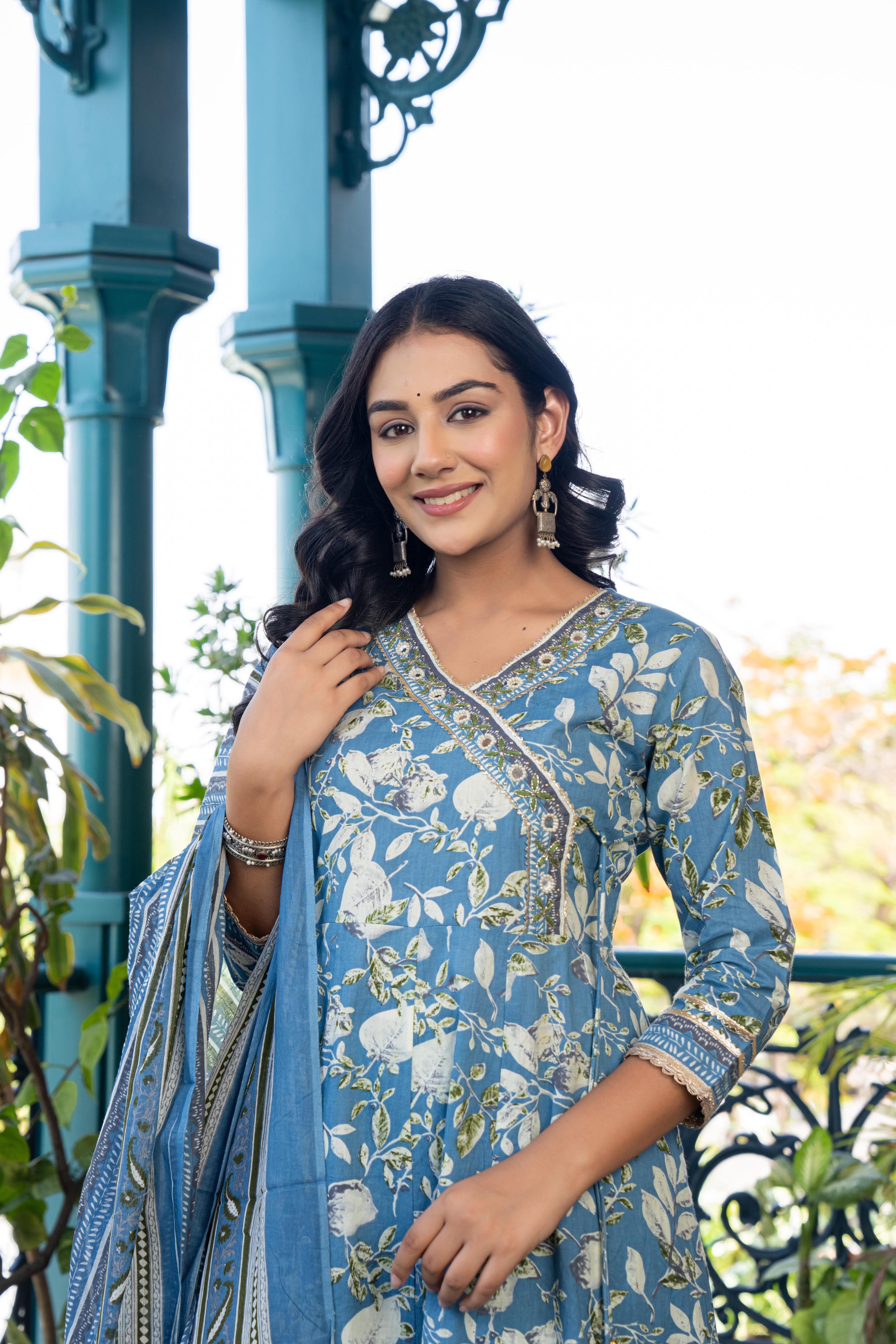 Mehira Women's Blue Floral Cotton Kurta Set with Dupatta