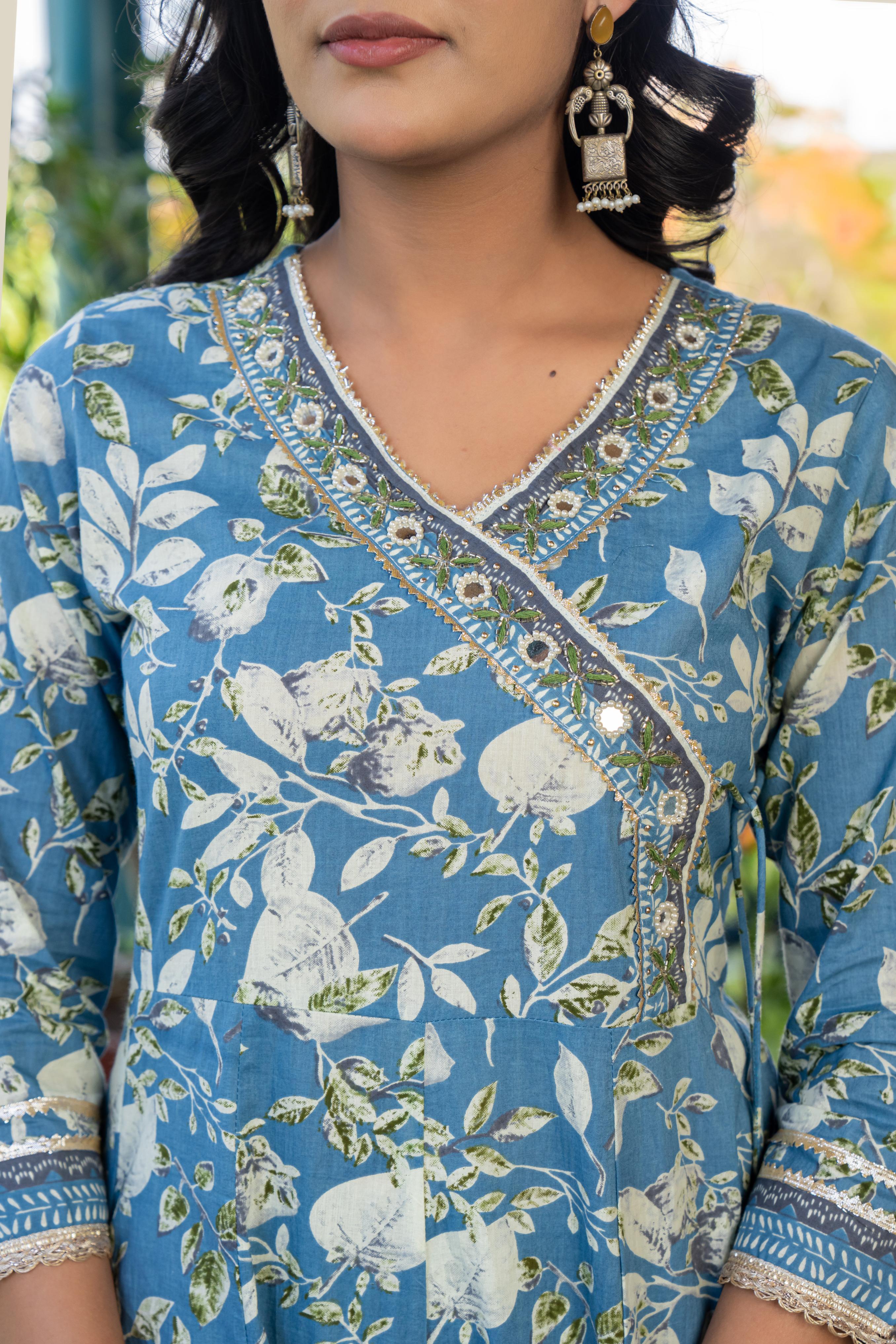 Mehira Women's Blue Floral Cotton Kurta Set with Dupatta