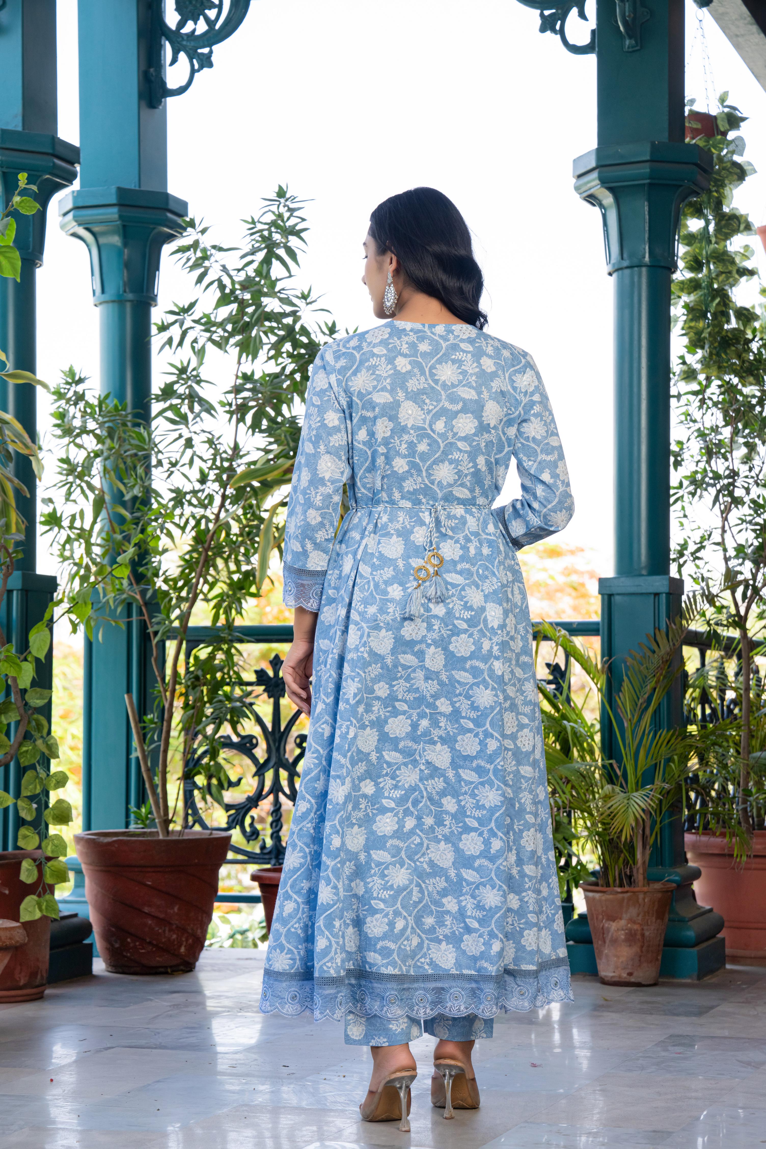 Vanyaa Women's Sky Blue Anarkali Kurta Set with Dupatta | Heavy Embroidery