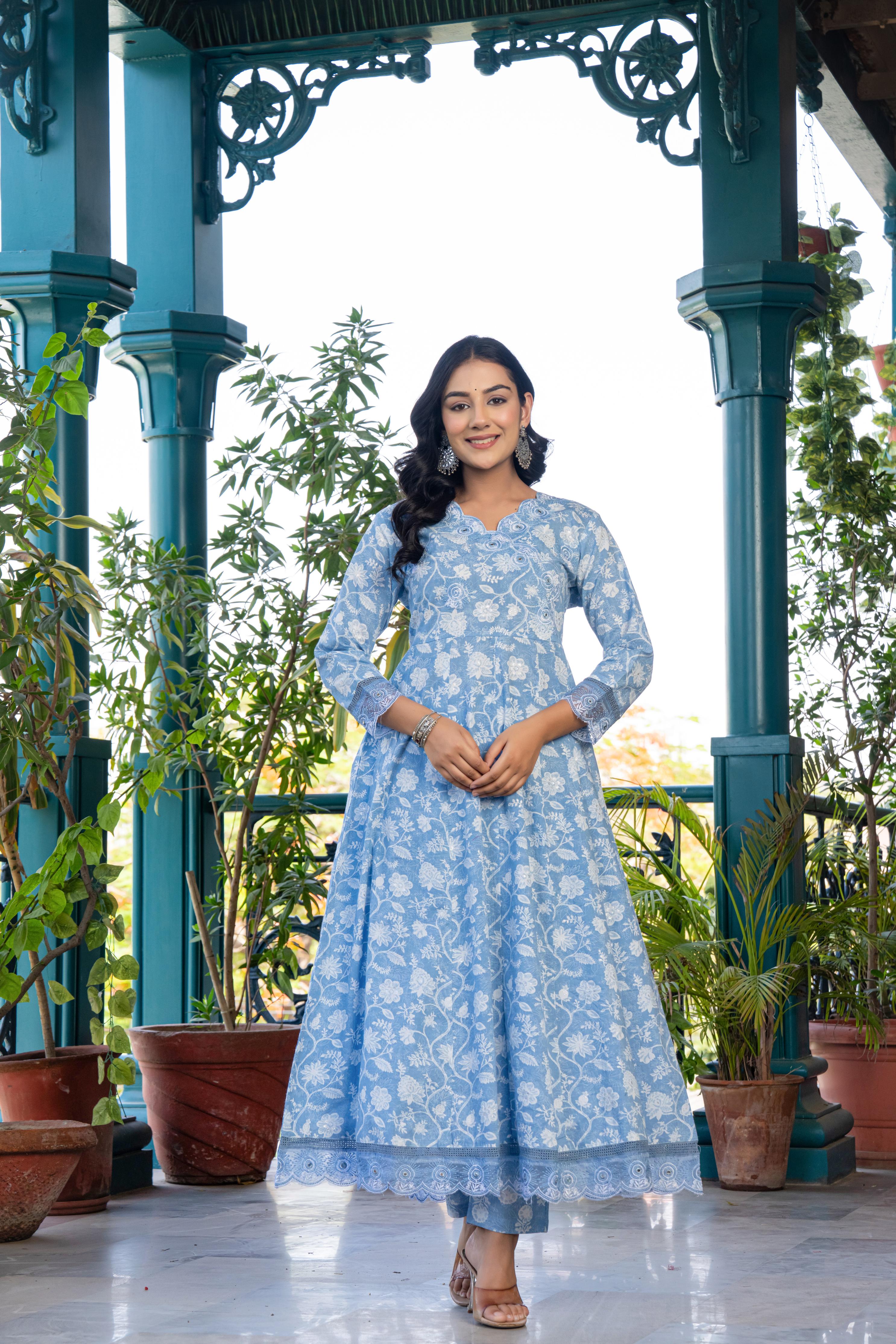 Vanyaa Women's Sky Blue Anarkali Kurta Set with Dupatta | Heavy Embroidery