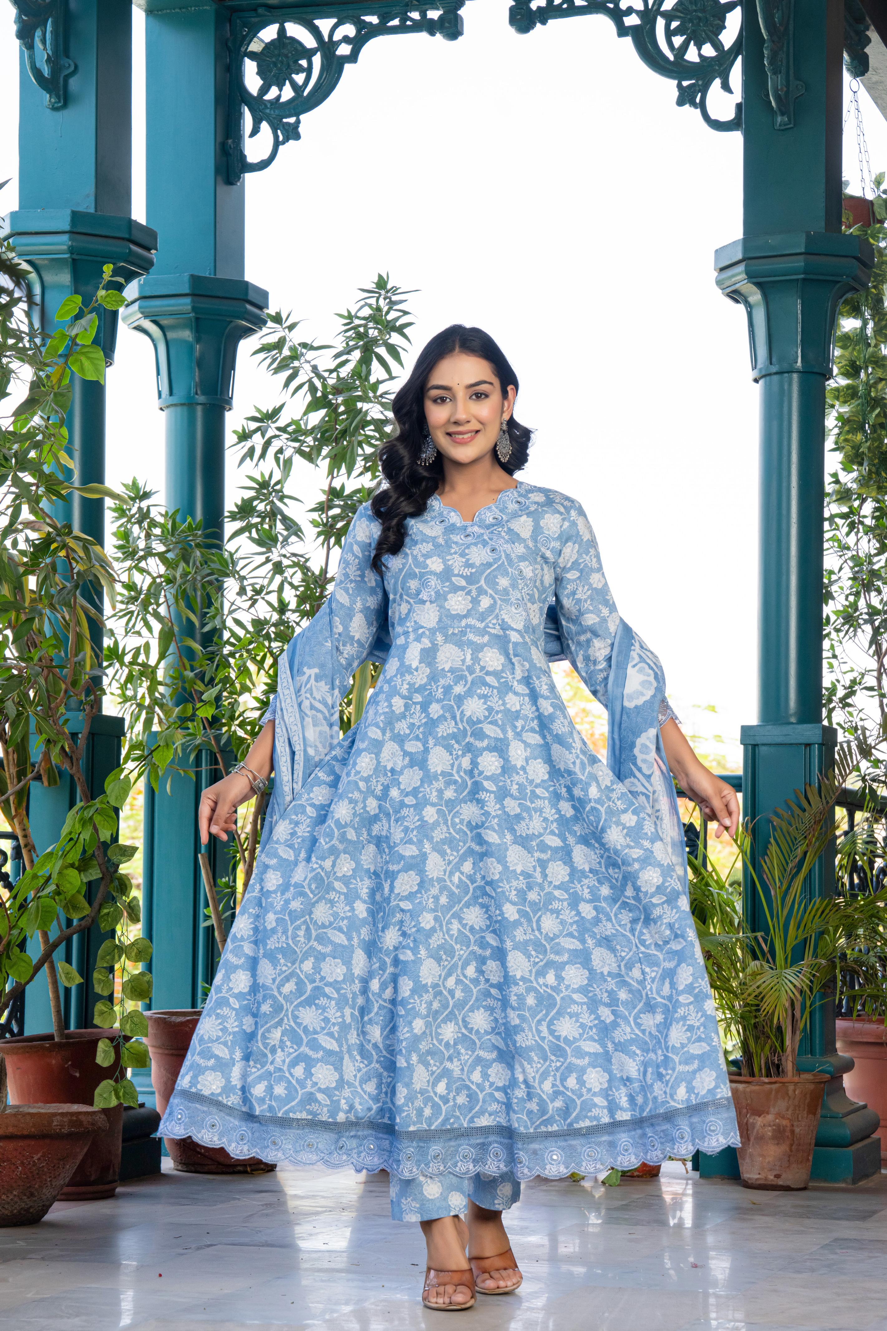 Vanyaa Women's Sky Blue Anarkali Kurta Set with Dupatta | Heavy Embroidery