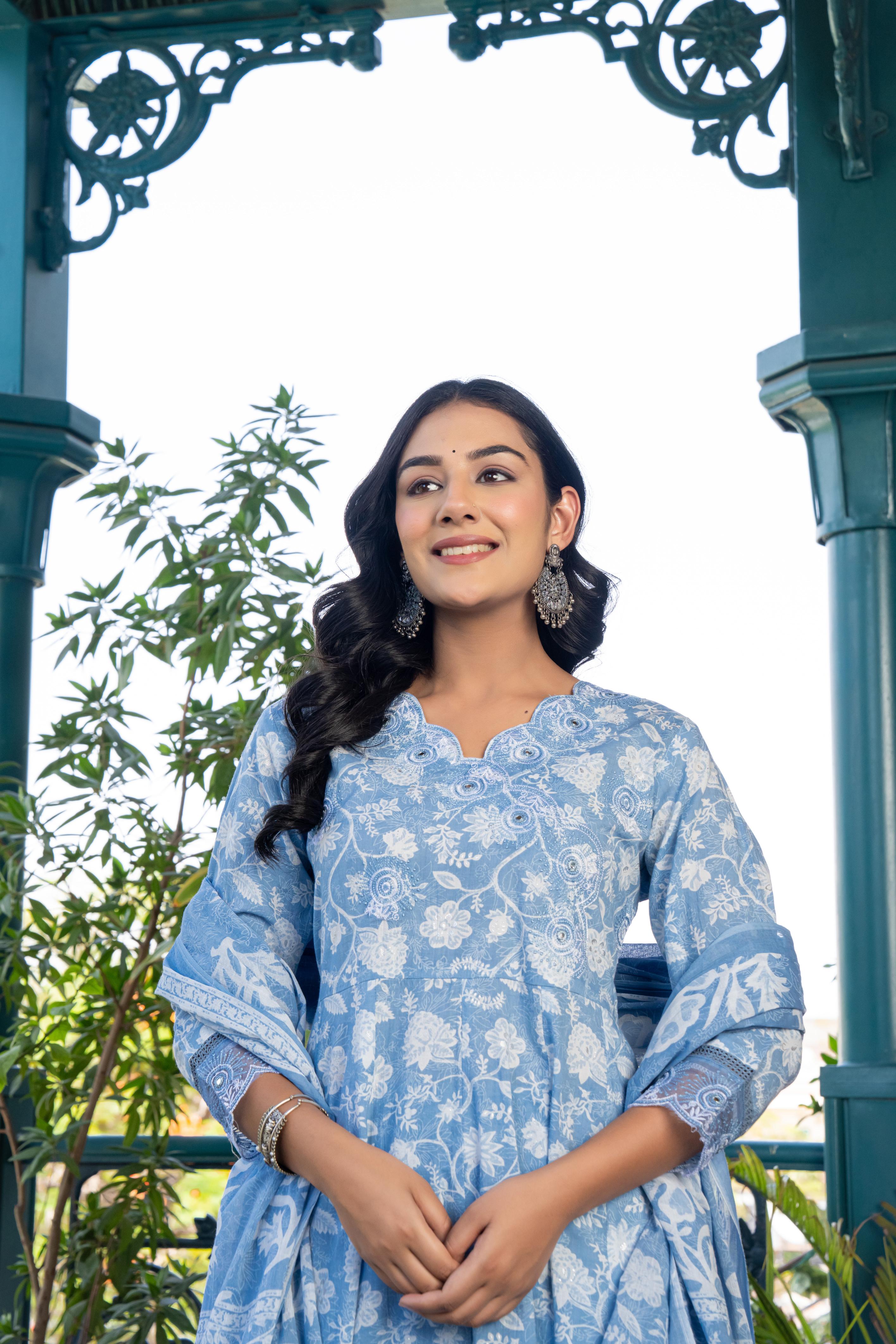 Vanyaa Women's Sky Blue Anarkali Kurta Set with Dupatta | Heavy Embroidery