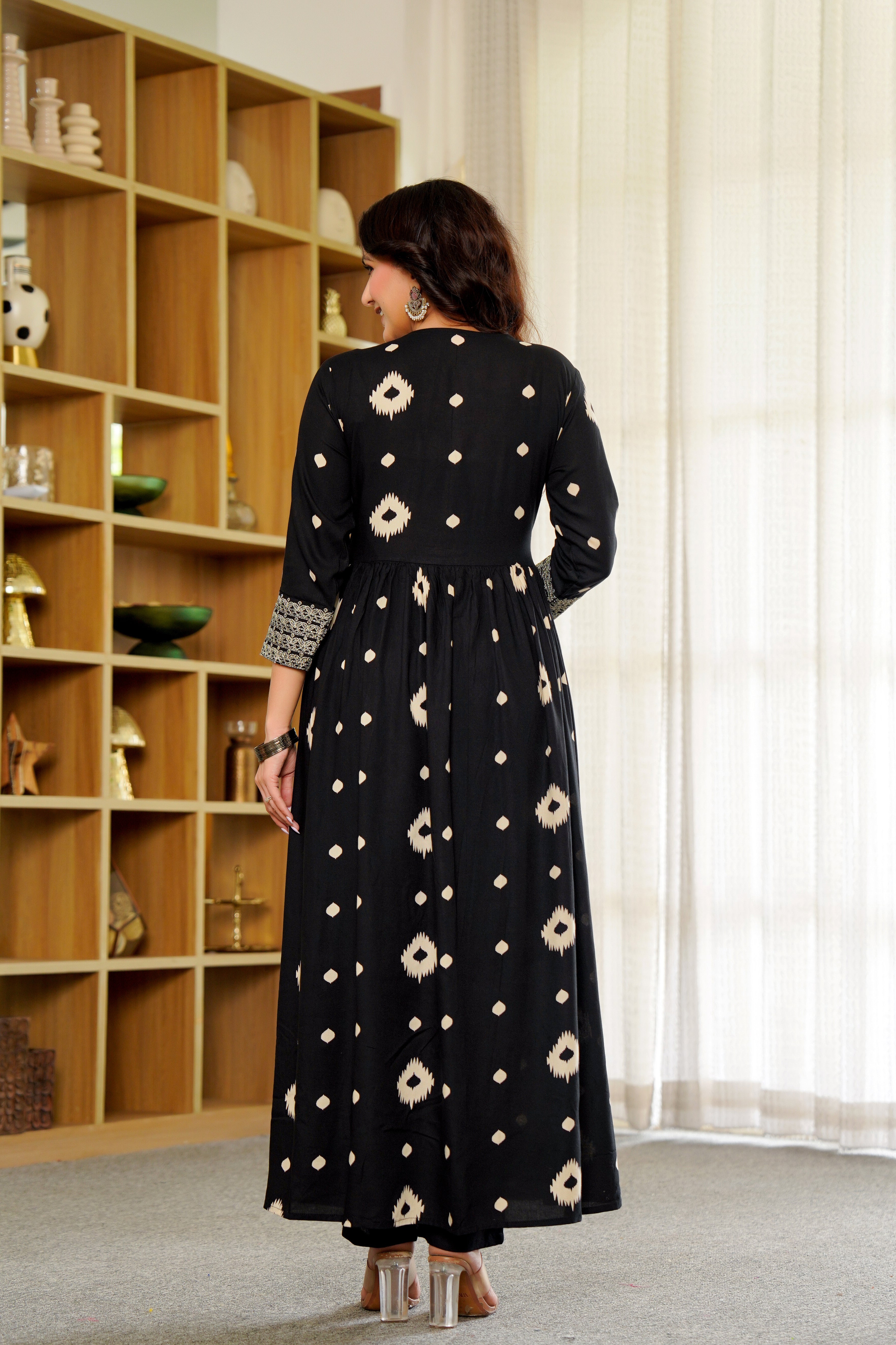 Elegant Black Anarkali with White Ikat Print